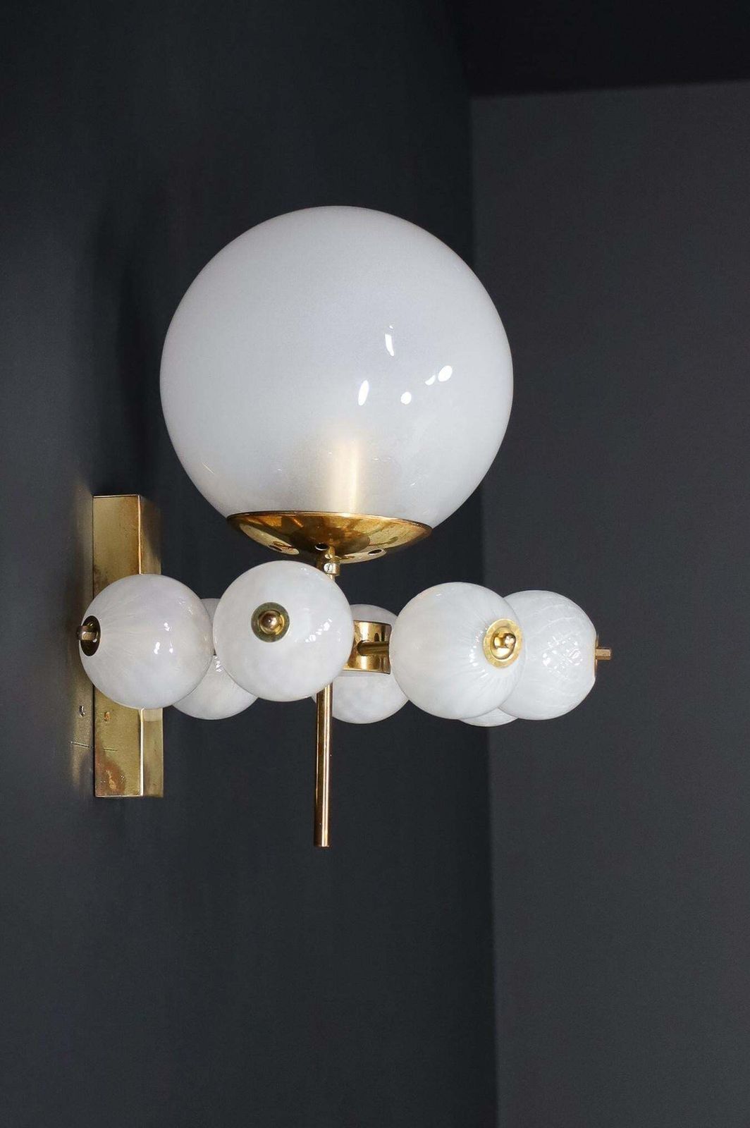 Mid Century Wall Lights With Brass Fixture & Hand Blown Pearl White Glass Globes photo furniture
