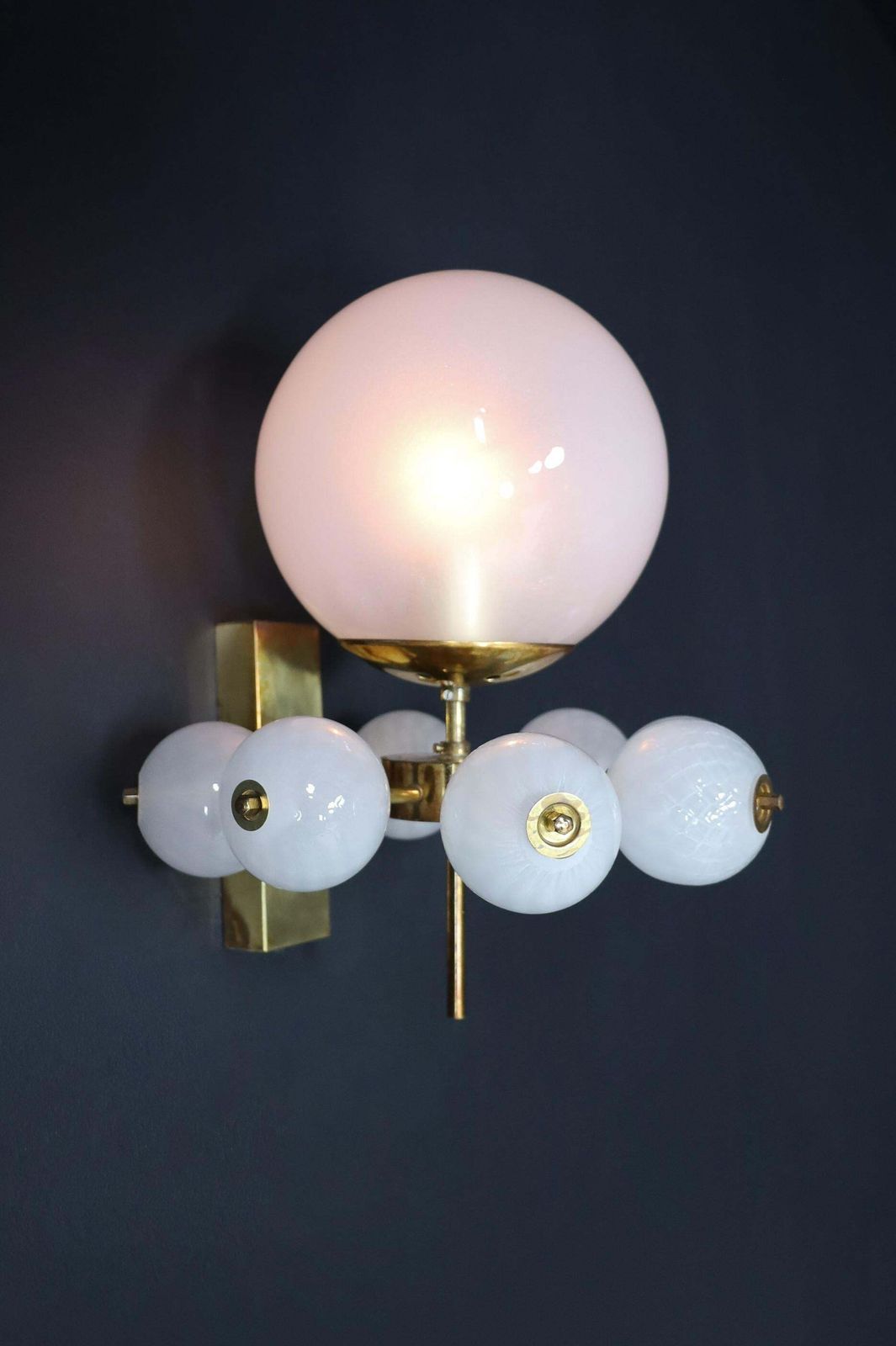 Mid Century Wall Lights With Brass Fixture & Hand Blown Pearl White Glass Globes photo vintage