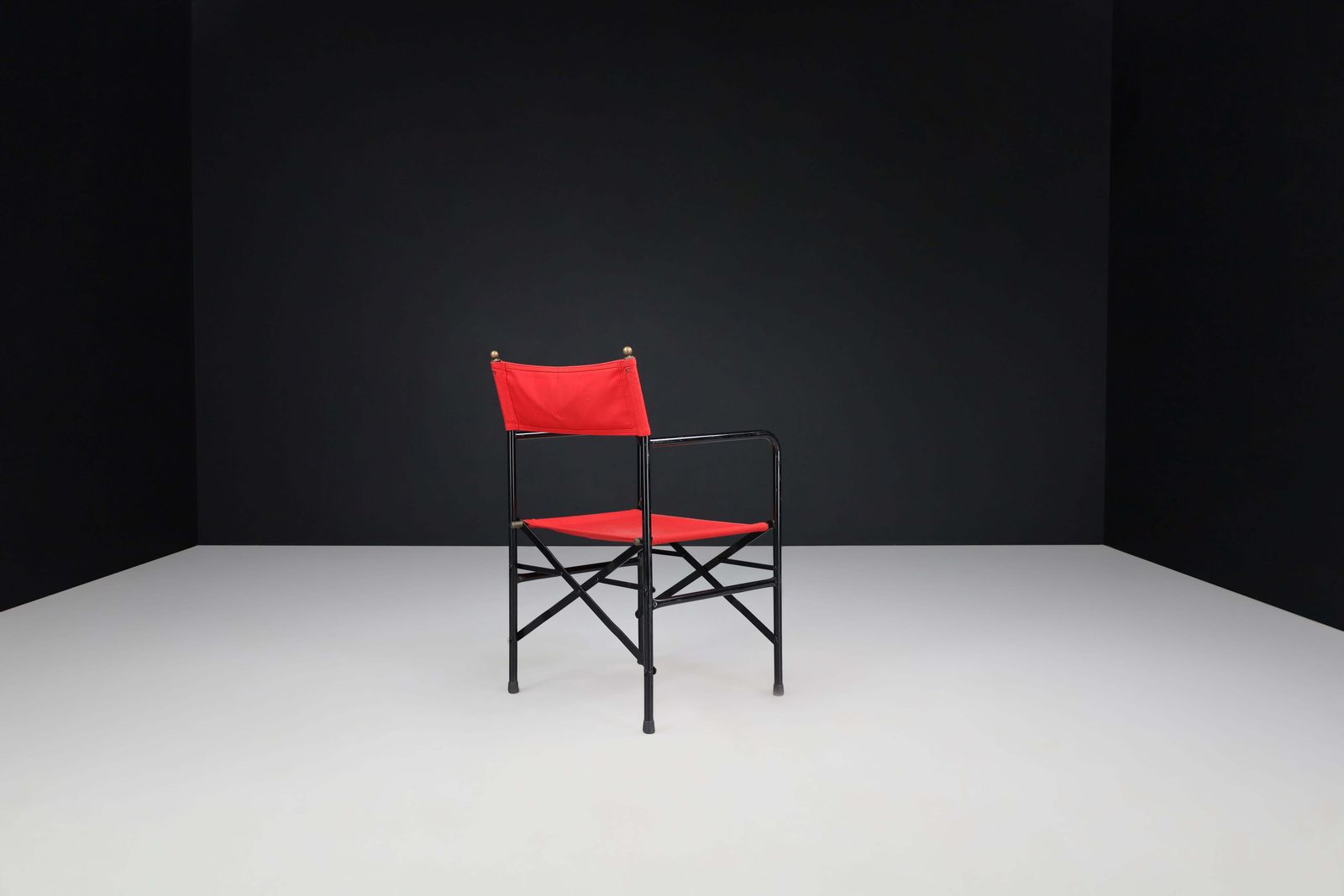 photo for sale Director’s Folding Chair In Lacquered Steel Frame, Brass, Red Canvas Seat 1980s