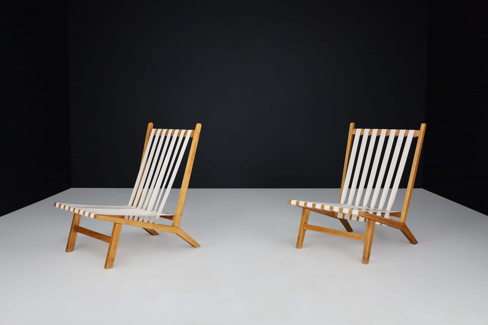 Pair Of Scandinavian Mid Century Lounge Chairs In Beech With New Canvas Straps photo for sale