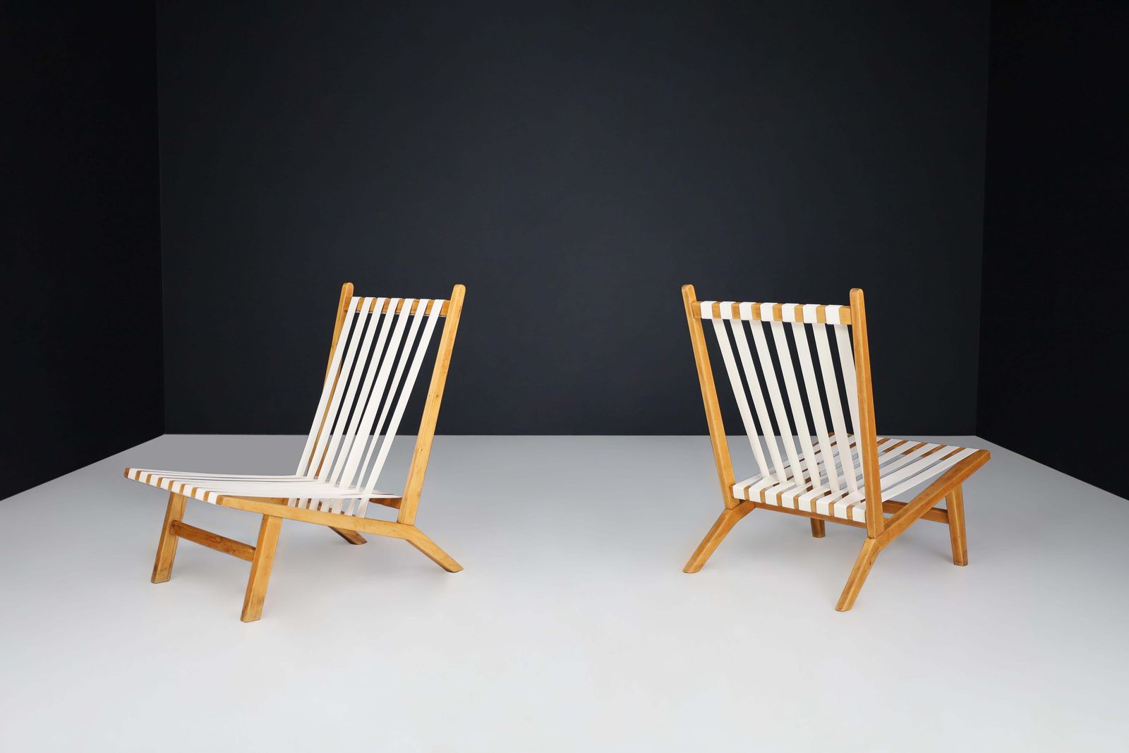 Pair Of Scandinavian Mid Century Lounge Chairs In Beech With New Canvas Straps photo Furniture