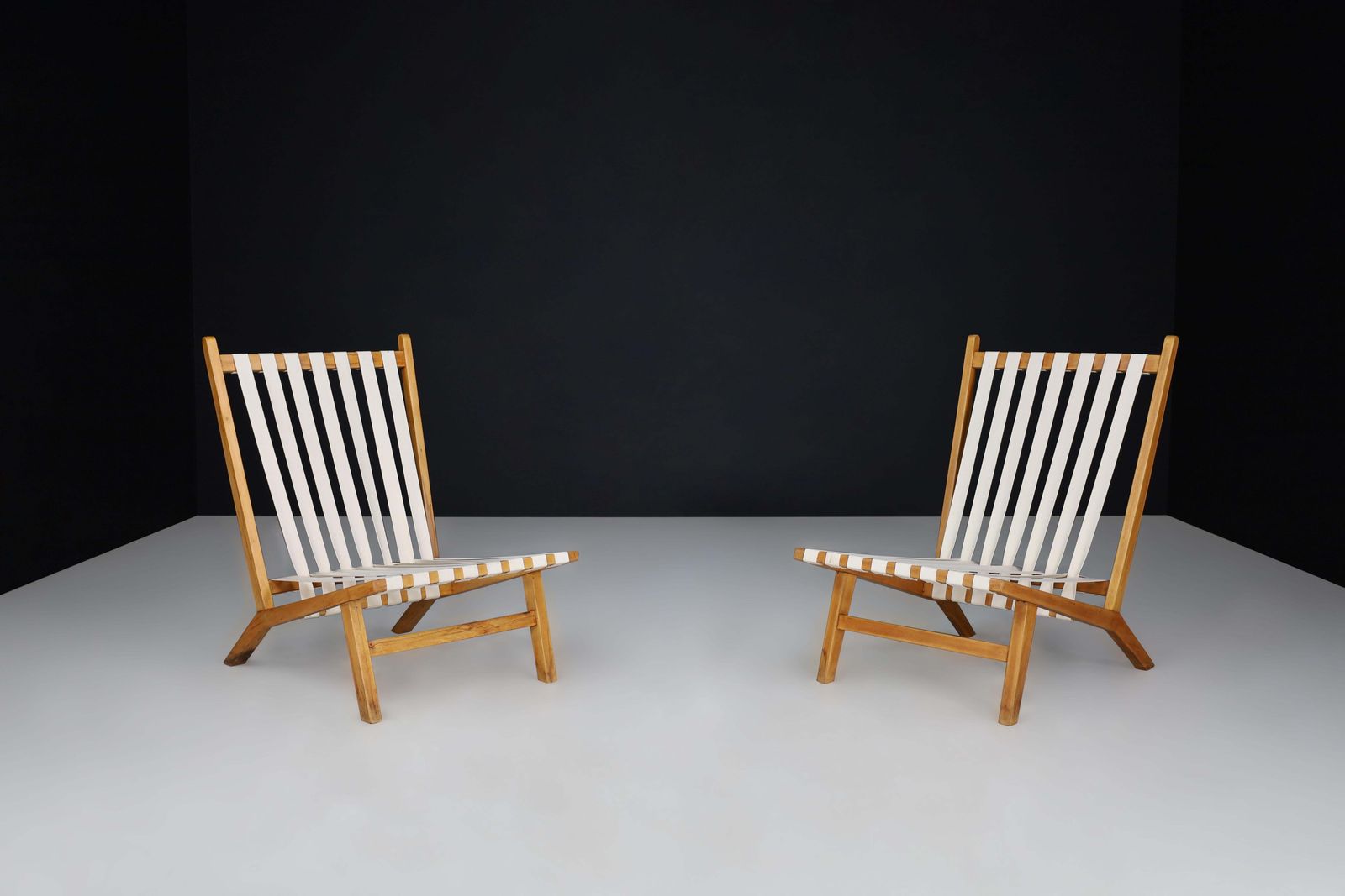 Pair Of Scandinavian Mid Century Lounge Chairs In Beech With New Canvas Straps photo 3589.0