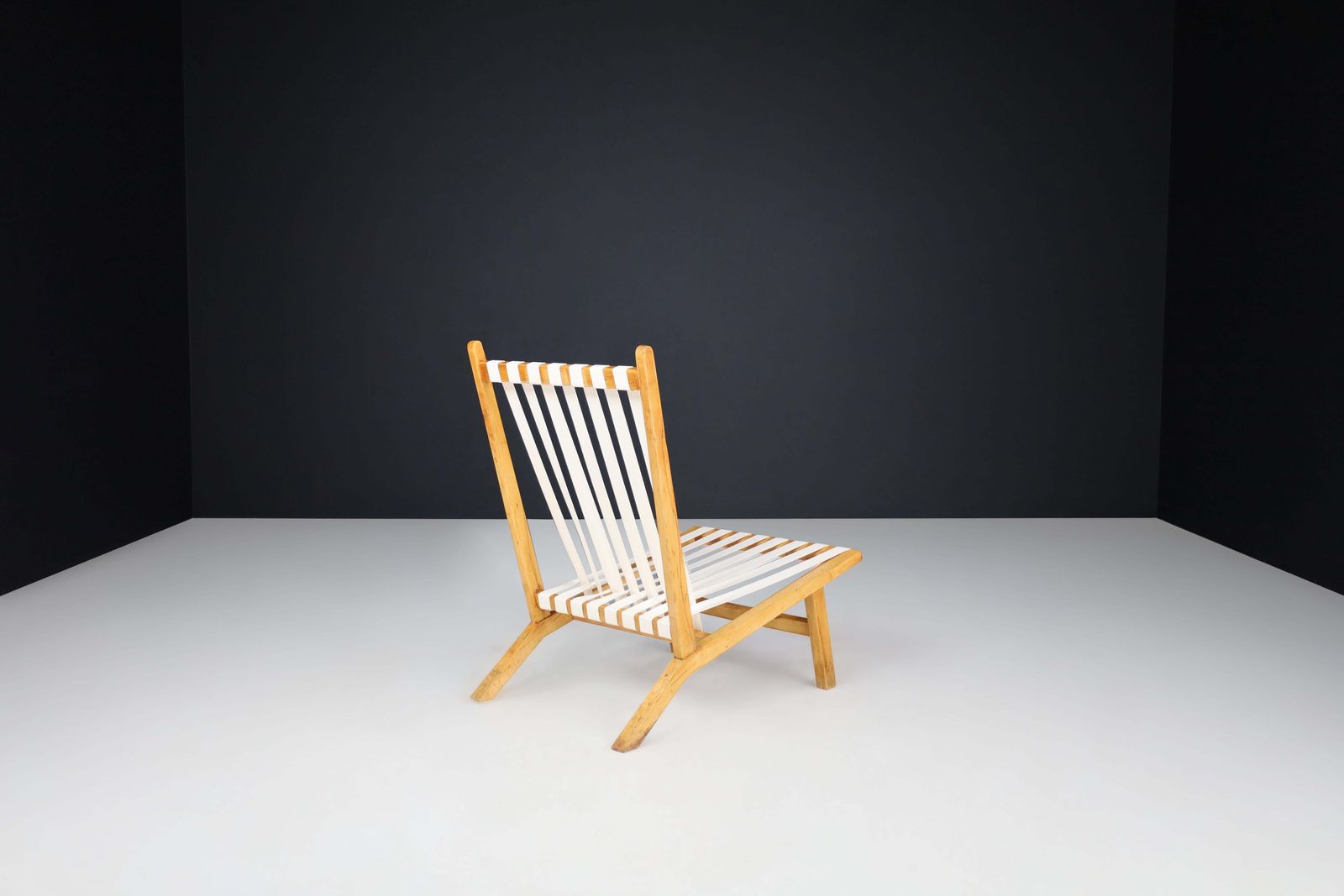 photo for sale Pair Of Scandinavian Mid Century Lounge Chairs In Beech With New Canvas Straps