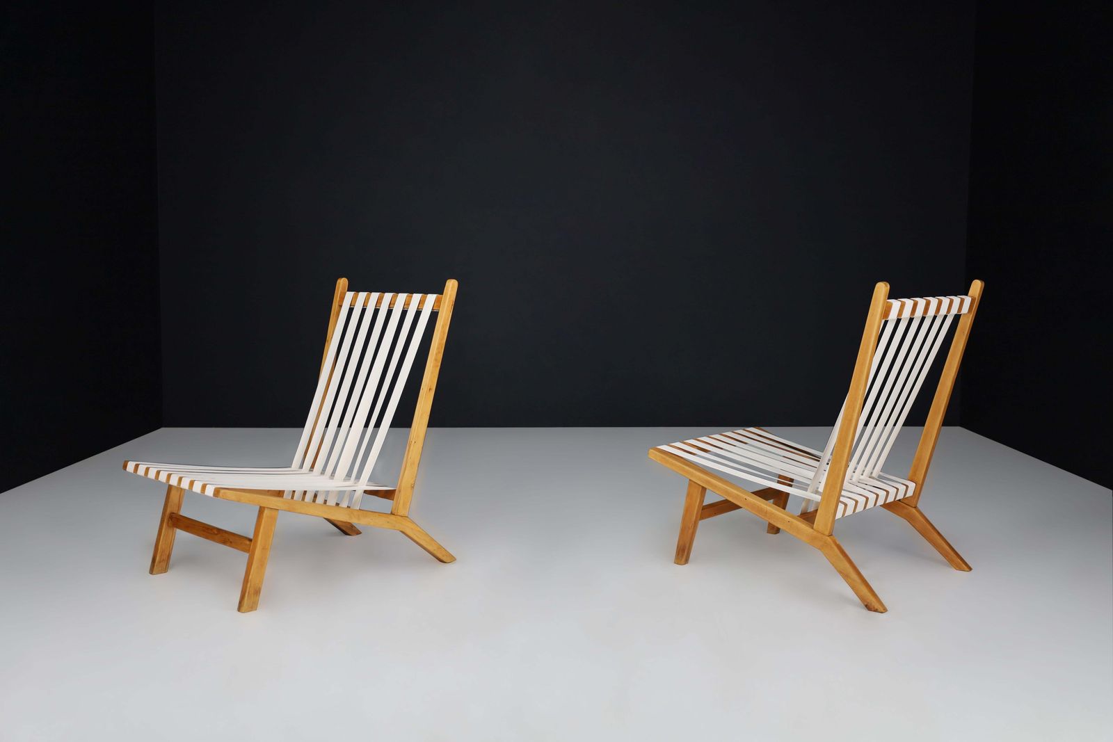 Furniture Pair Of Scandinavian Mid Century Lounge Chairs In Beech With New Canvas Straps photo