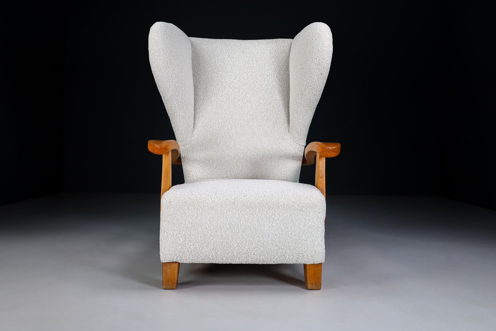 Xxl Monumental Wingback Armchair In Walnut And Bouclé Fabric, France 1930s photo Furniture