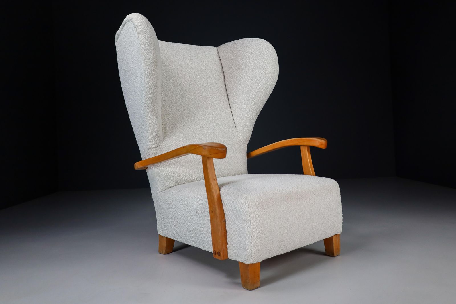 7583.0 Xxl Monumental Wingback Armchair In Walnut And Bouclé Fabric, France 1930s photo