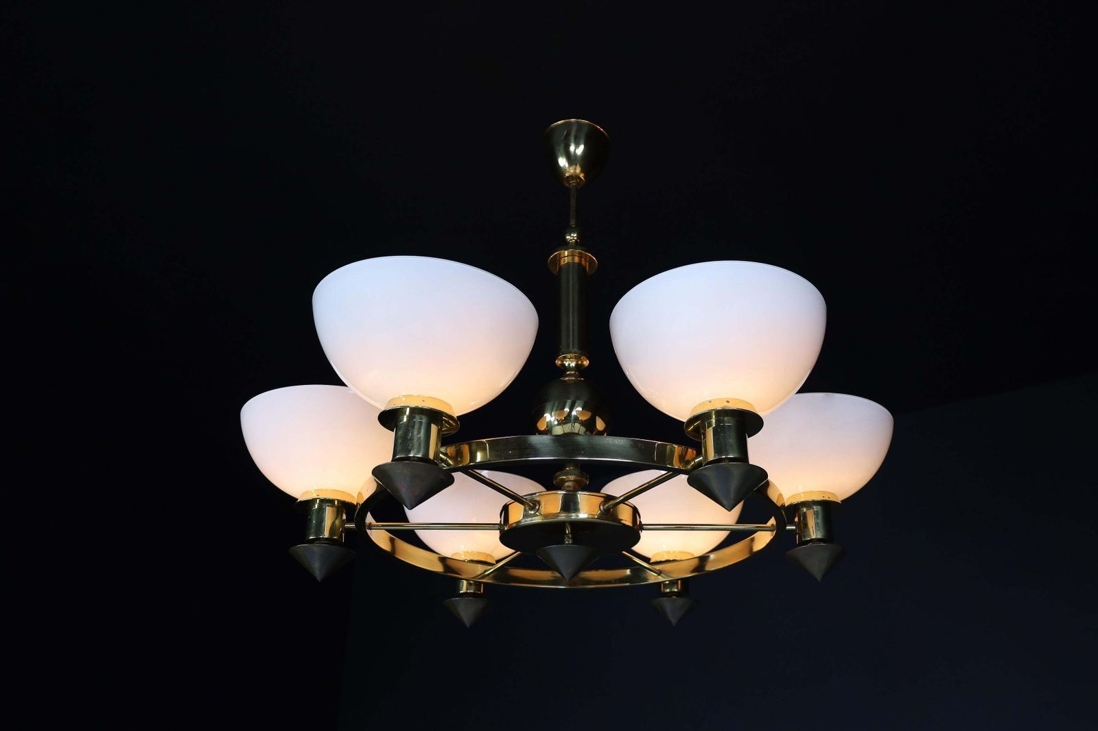 Xl Brass And White Opaline Glass Chandeliers, Italy, 1970s photo buy