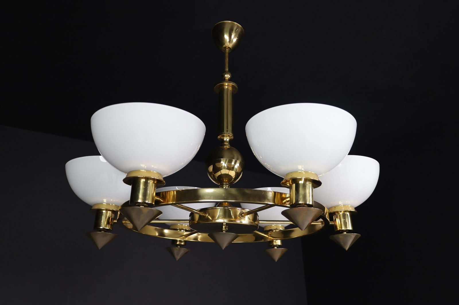 Xl Brass And White Opaline Glass Chandeliers, Italy, 1970s photo vintage