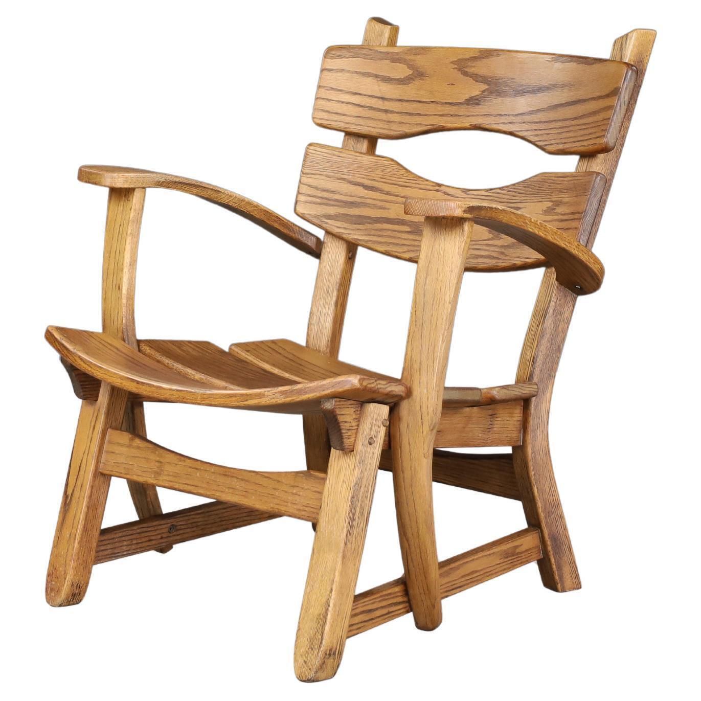 Sculptural Mid Century Armchair In Solid Oak, France, 1950s — 1 Available