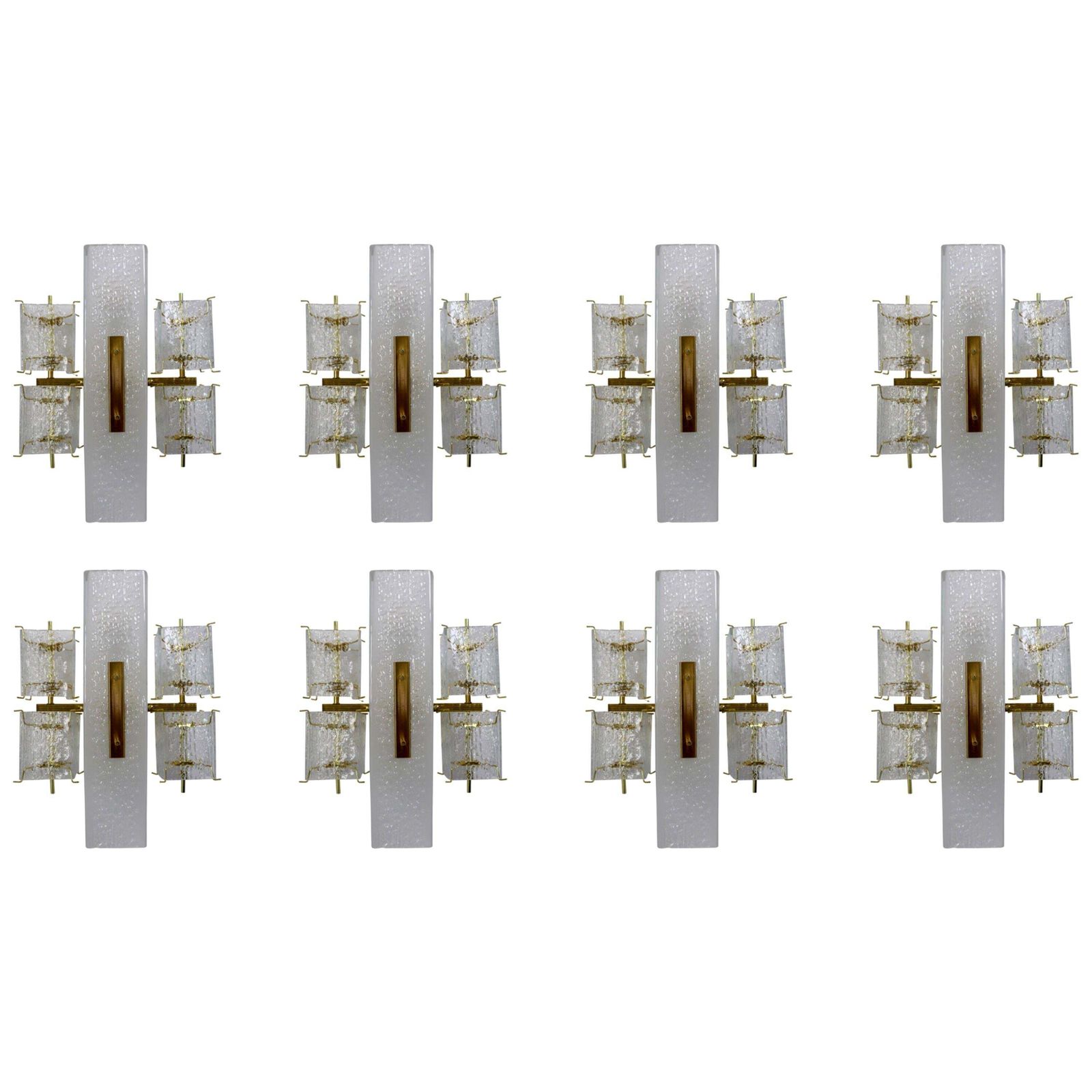 1 Of 8 Midcentury Wall Lights With Structured Glass And Brass, Europe, 1970s