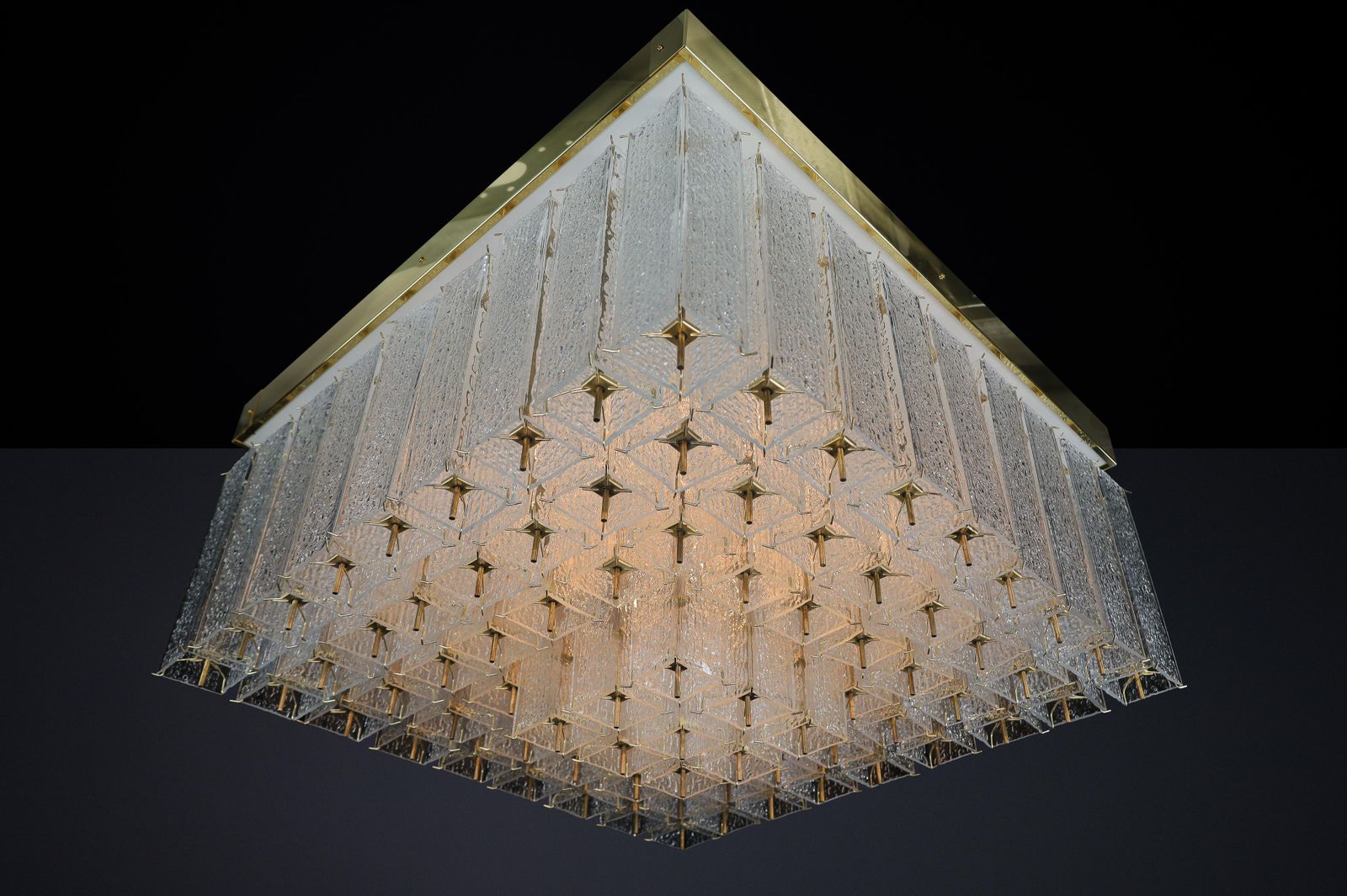 Monumental 1960s Bohemian Flush Mount Chandelier In Textured Glass And Brass. photo 7207.0