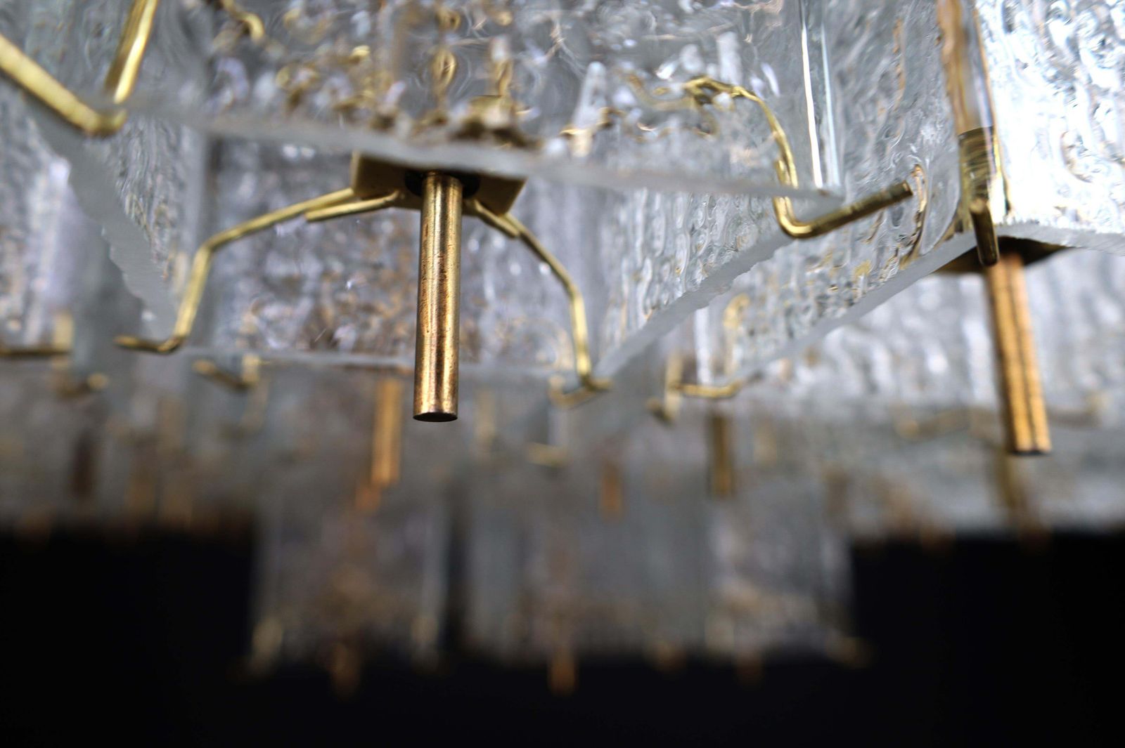 photo furniture Monumental 1960s Bohemian Flush Mount Chandelier In Textured Glass And Brass.