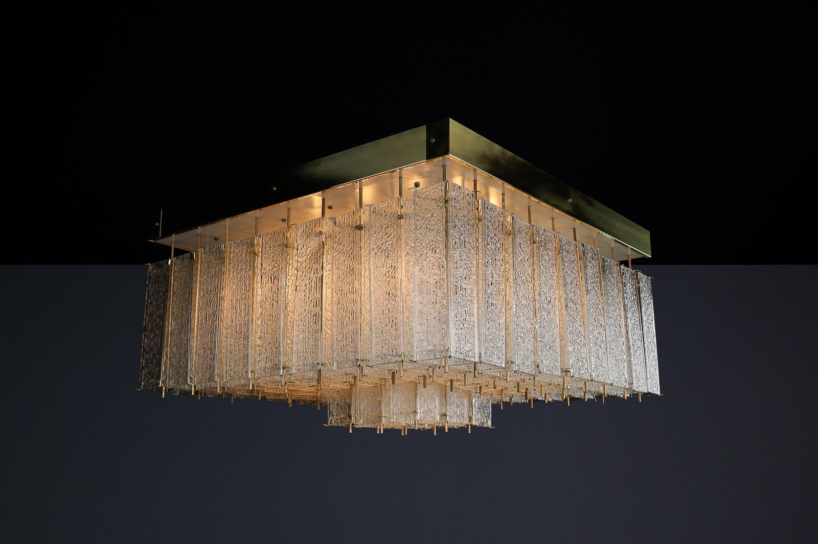 7207.0 Monumental 1960s Bohemian Flush Mount Chandelier In Textured Glass And Brass. photo