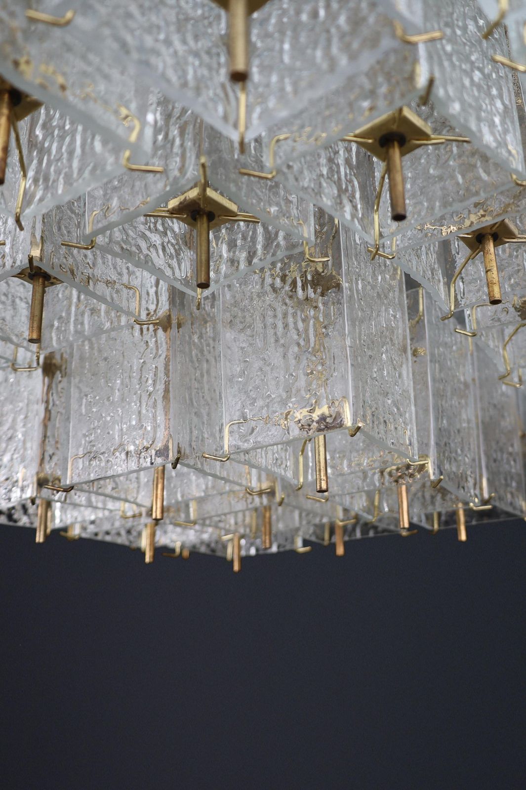 photo buy Monumental 1960s Bohemian Flush Mount Chandelier In Textured Glass And Brass.