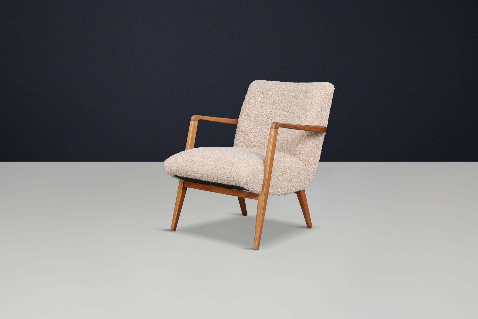 Mid Century Modern Walnut Armchair With Teddy Upholstery, Italy, 1950s photo furniture