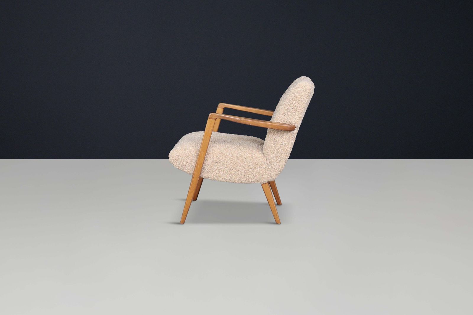 Mid Century Modern Walnut Armchair With Teddy Upholstery, Italy, 1950s photo vinterior