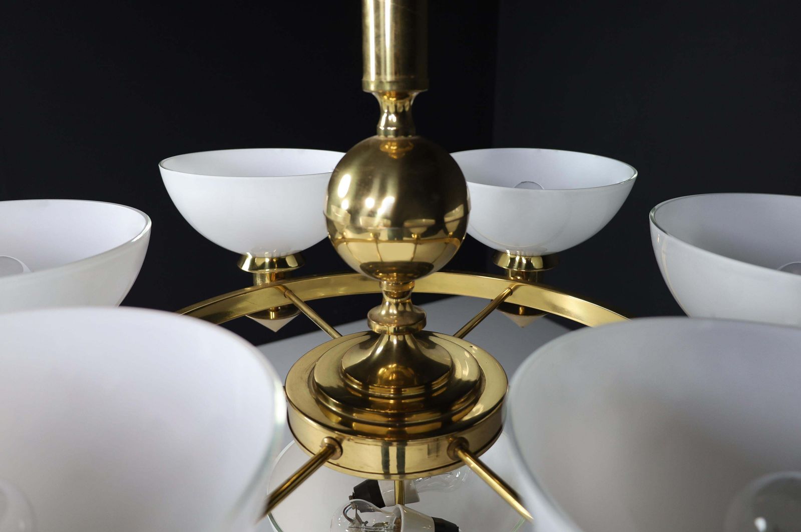 Sculptural Italian Xl Chandelier, Brass & Opaline Glass, 1970s photo buy
