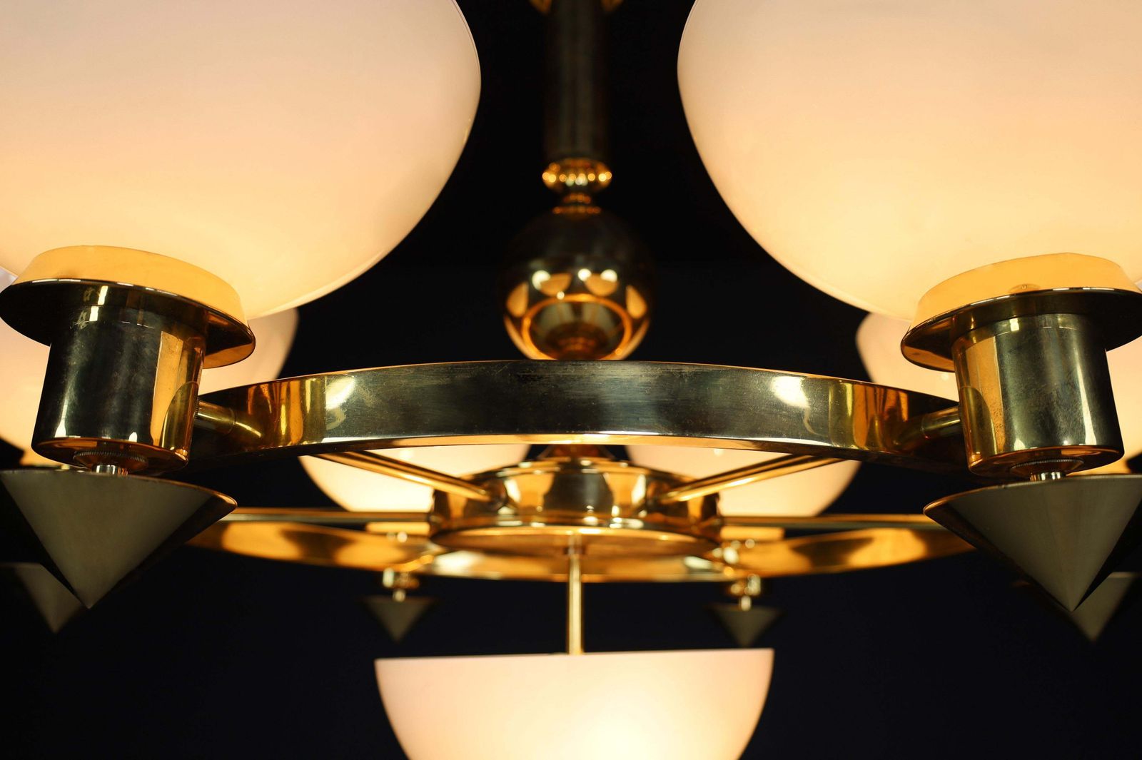 photo for sale Sculptural Italian Xl Chandelier, Brass & Opaline Glass, 1970s