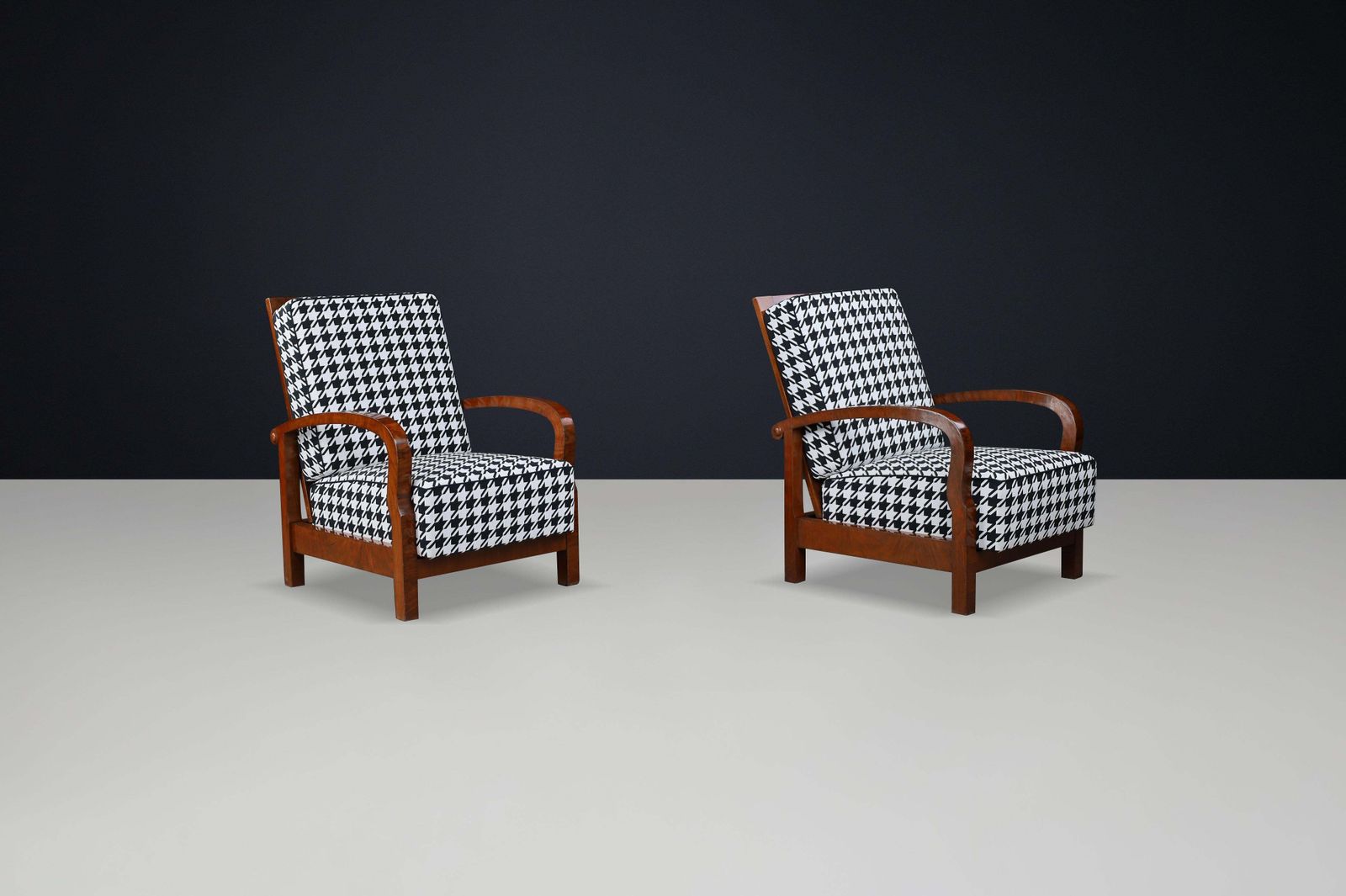 1930s Czech Art Deco Walnut Reclining Armchairs With Houndstooth Upholstery. photo buy