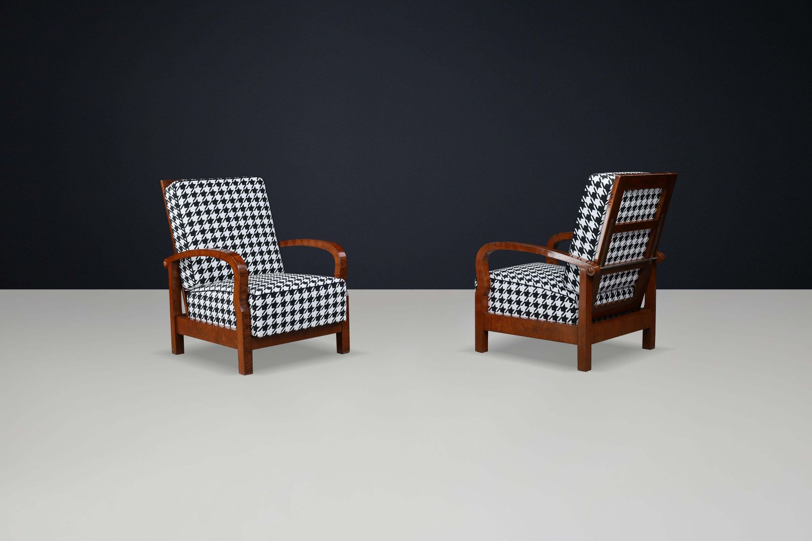 1930s Czech Art Deco Walnut Reclining Armchairs With Houndstooth Upholstery. photo vintage