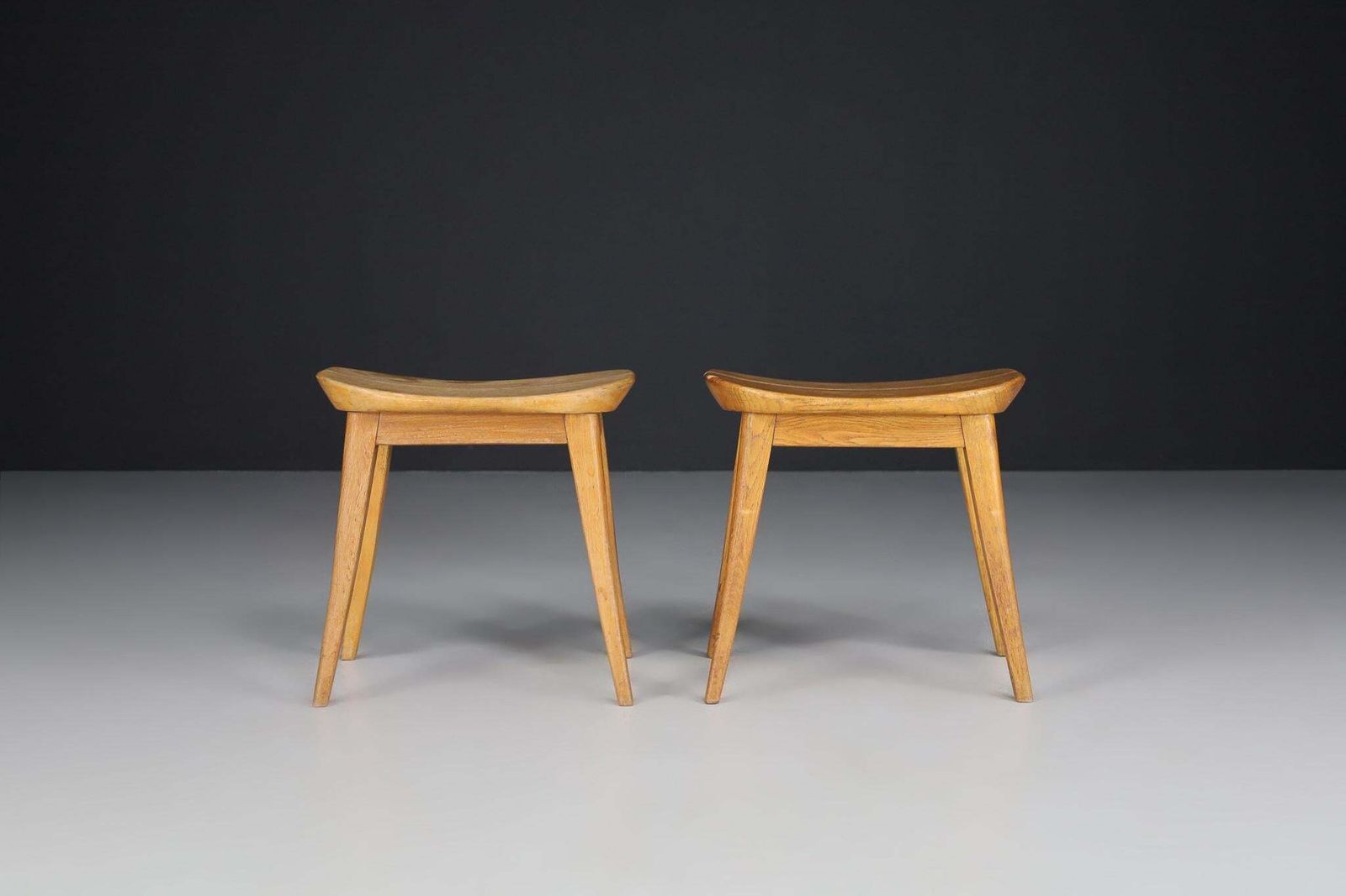 Pair Oak Coffee Bean Stools In Oak, France 1950s photo for sale