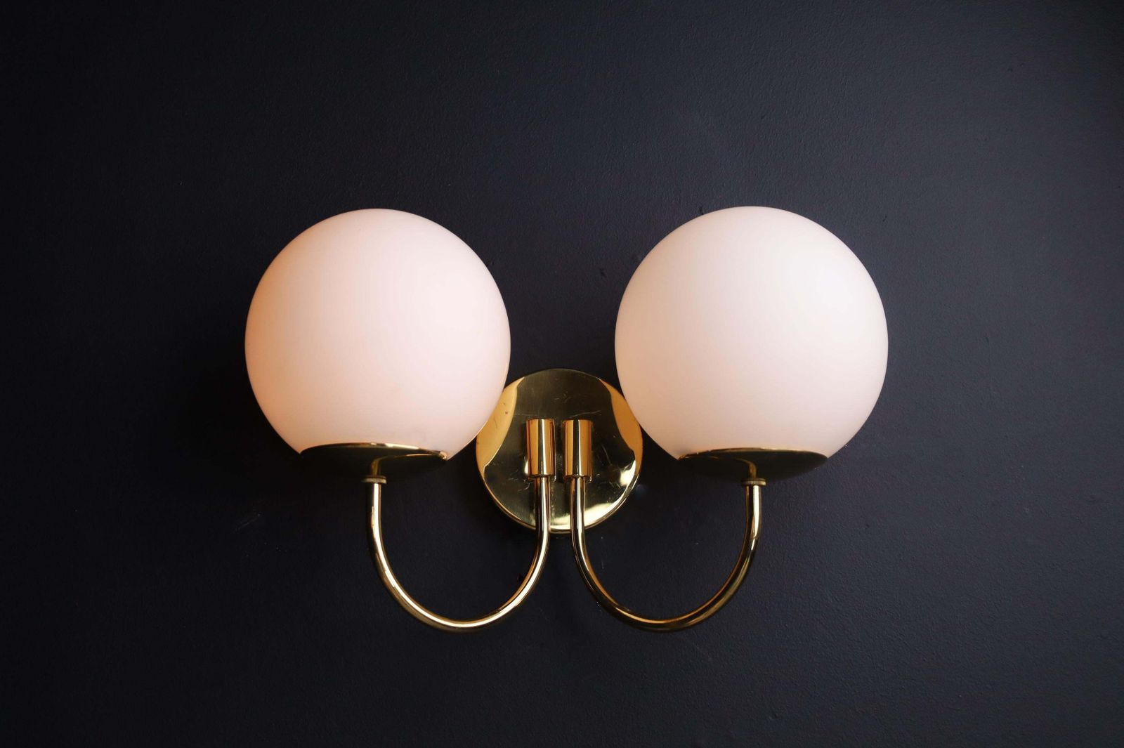 Elegant Sconces With Brass Fixtures And Opaline Glass Globes, Italy, 1960s photo 599.0