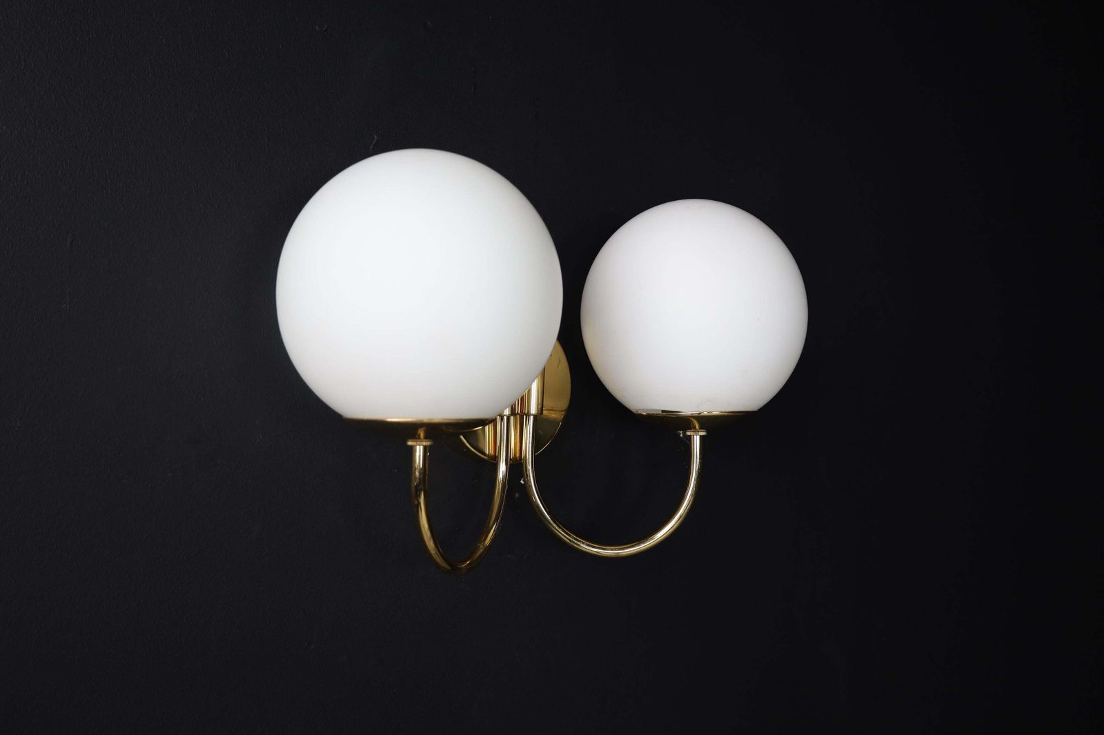 Elegant Sconces With Brass Fixtures And Opaline Glass Globes, Italy, 1960s photo buy