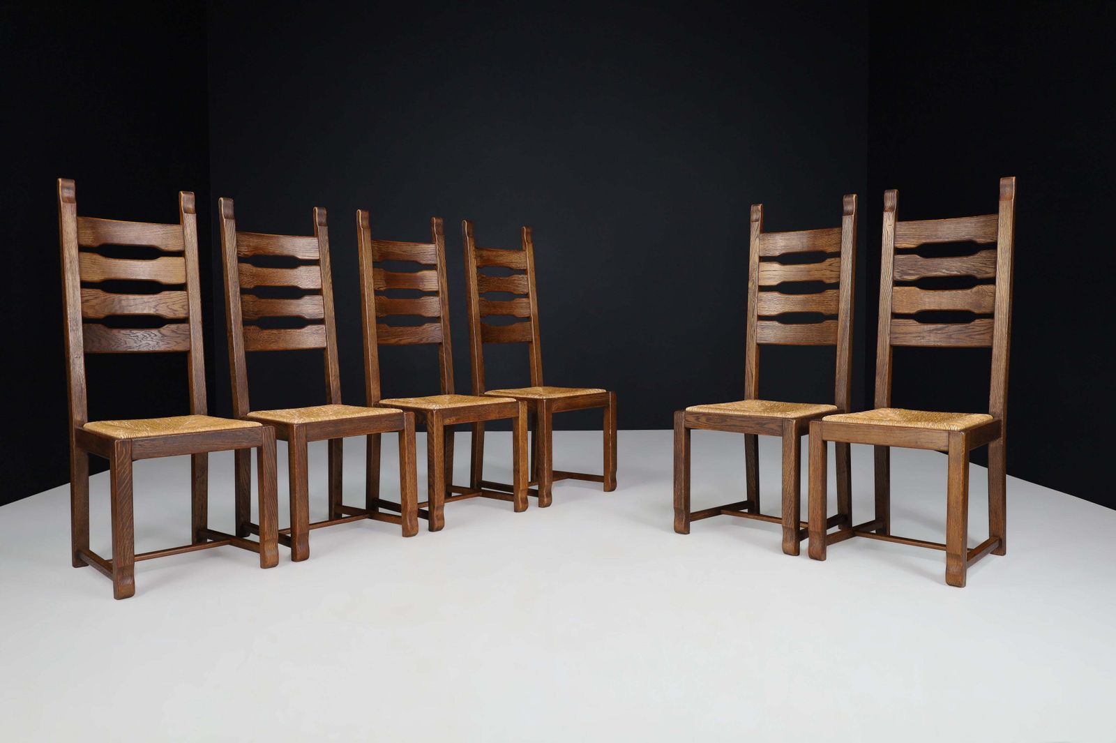 Oak And Rush High Back Dining Chairs, France, 1960s photo furniture