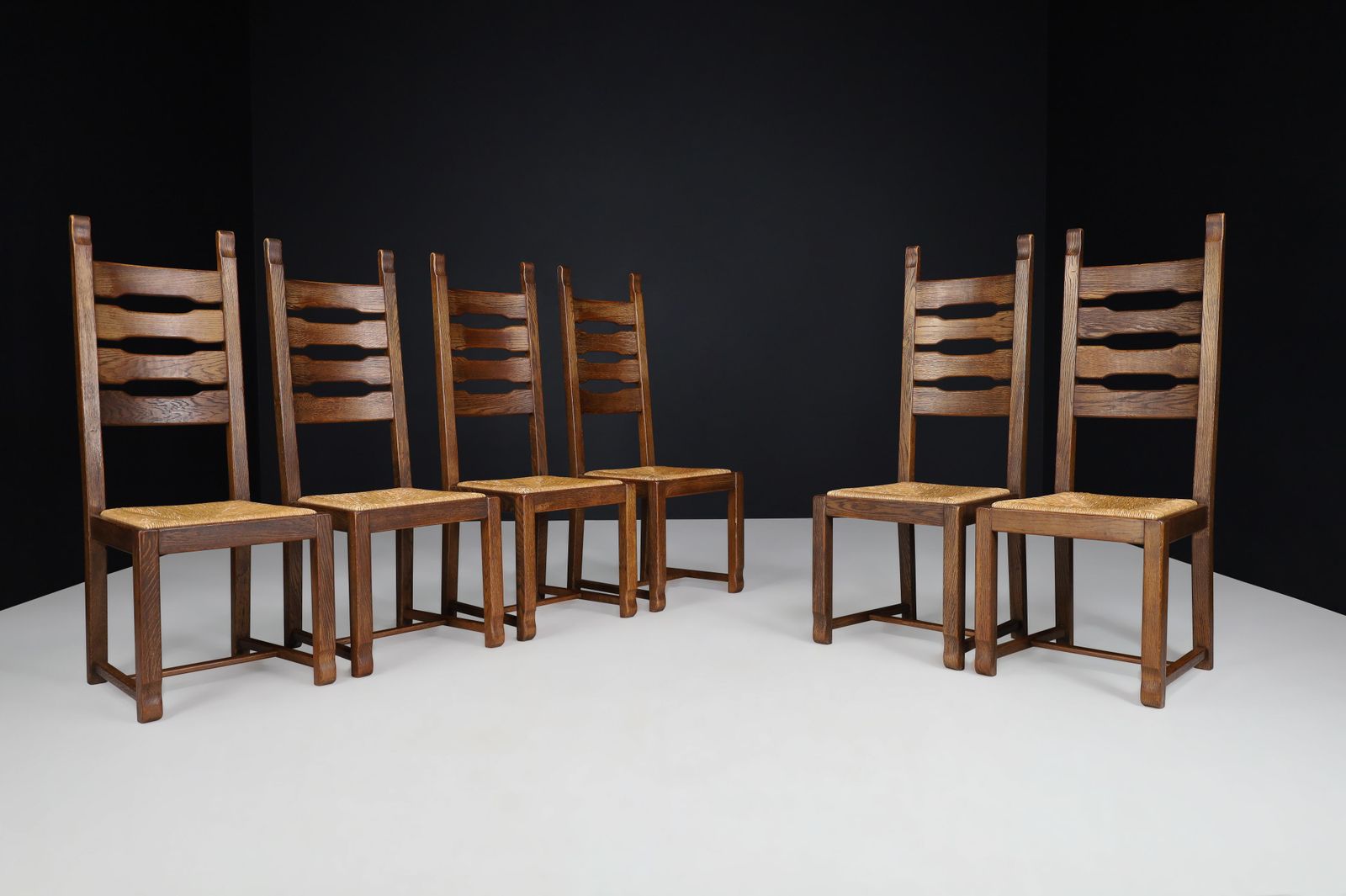Oak And Rush High Back Dining Chairs, France, 1960s photo for sale