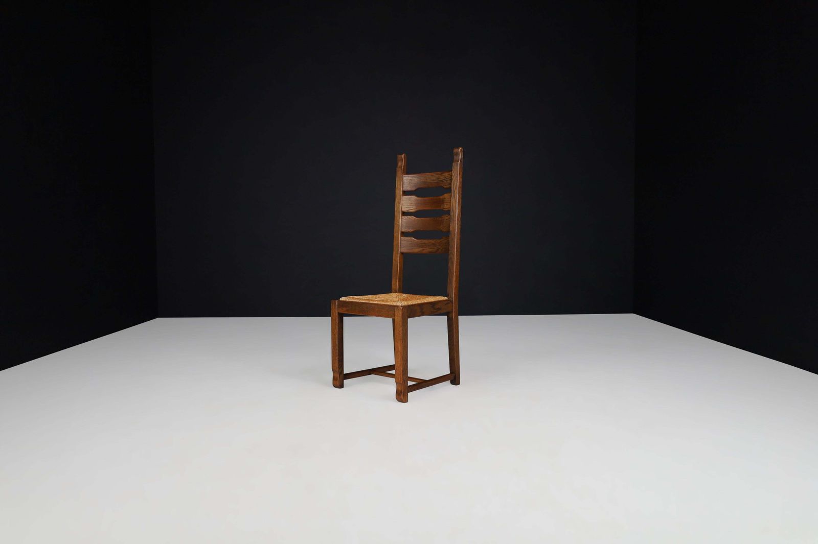 photo furniture Oak And Rush High Back Dining Chairs, France, 1960s
