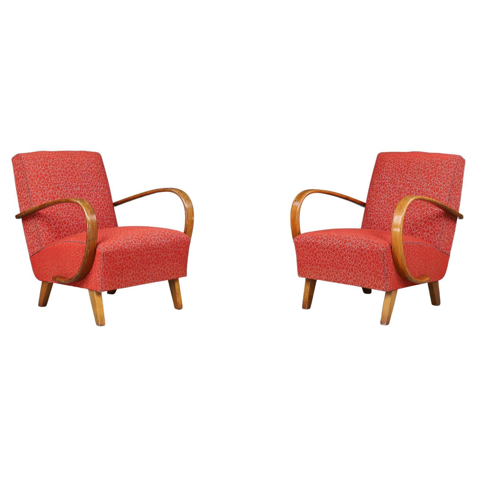 Jindrich Halabala Patinated Bentwood Armchairs With Original Upholstery, 1940s