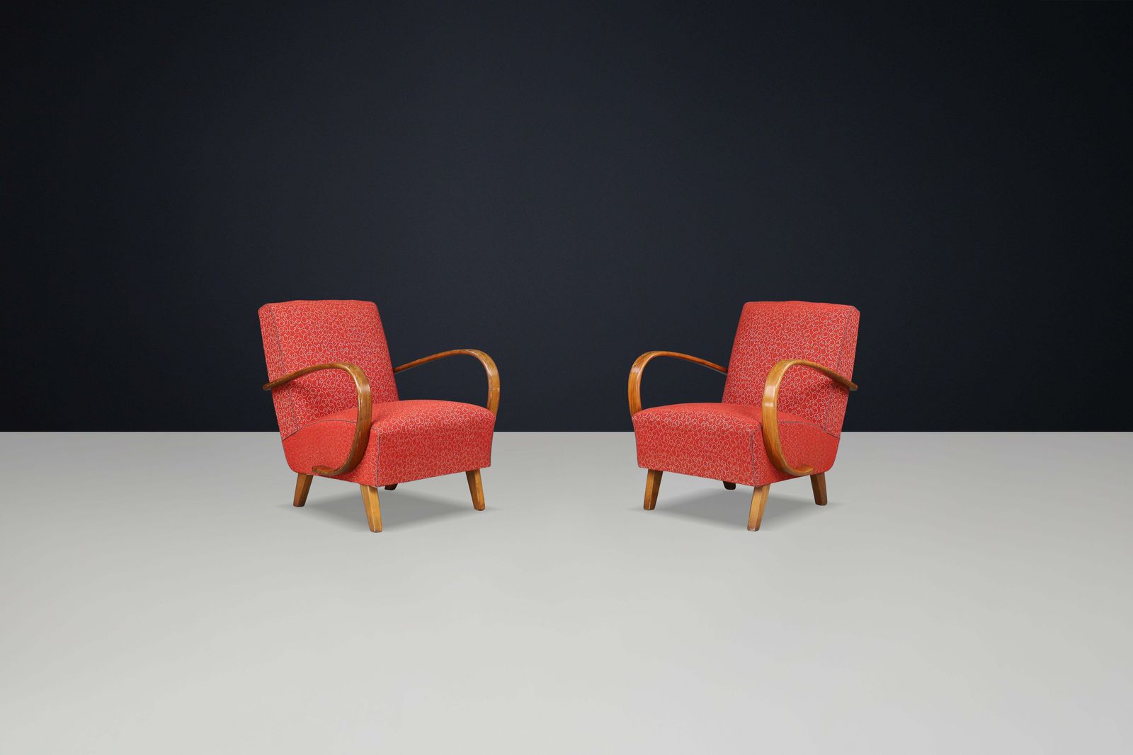 Jindrich Halabala Patinated Bentwood Armchairs With Original Upholstery, 1940s photo furniture