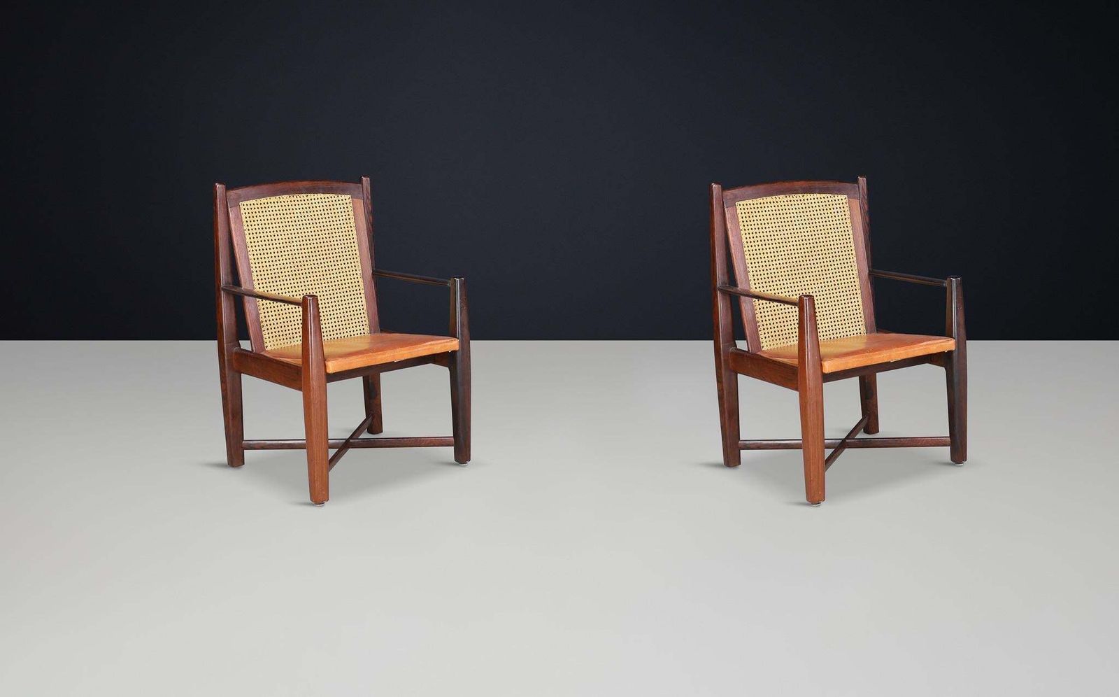 Mid Century Modern Hardwood, Cane, And Leather Armchairs, Brazil 1960s photo for sale