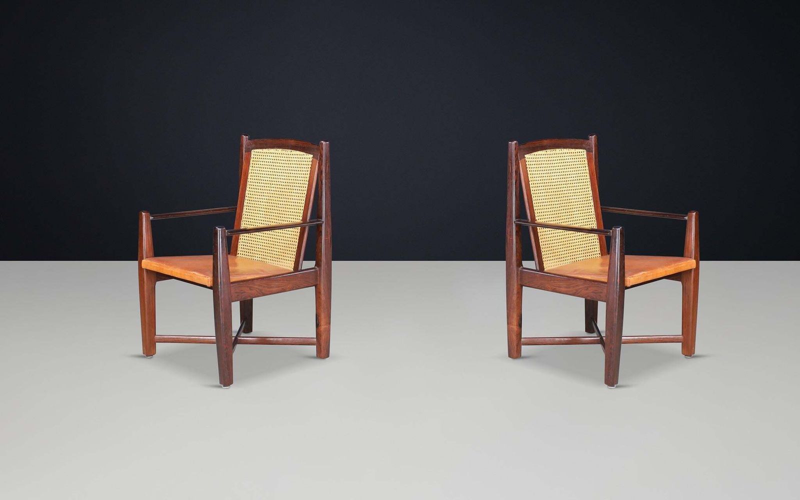 Mid Century Modern Hardwood, Cane, And Leather Armchairs, Brazil 1960s photo 1654.0