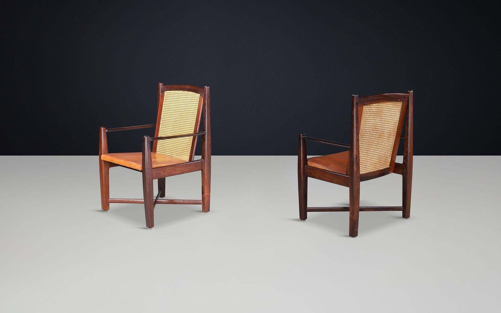 Mid Century Modern Hardwood, Cane, And Leather Armchairs, Brazil 1960s photo vinterior