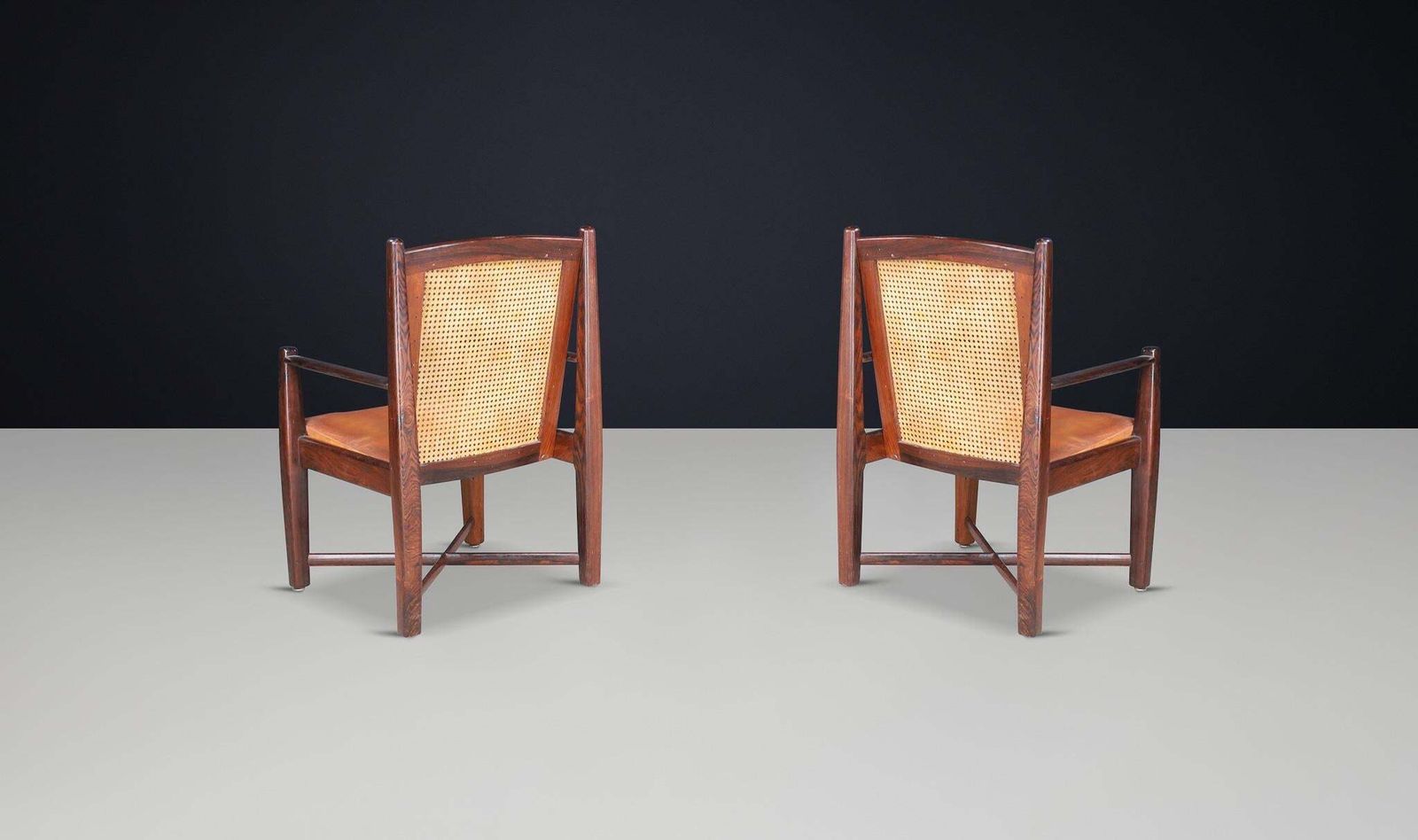 Mid Century Modern Hardwood, Cane, And Leather Armchairs, Brazil 1960s photo buy