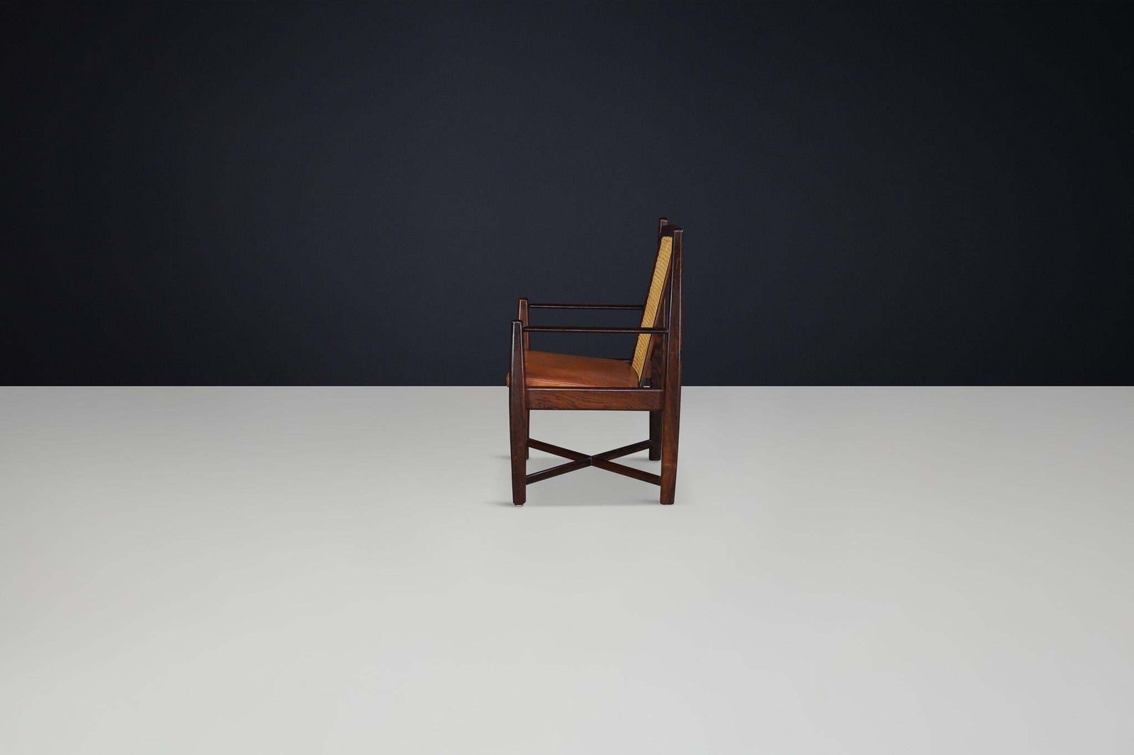 photo vintage Mid Century Modern Hardwood, Cane, And Leather Armchairs, Brazil 1960s