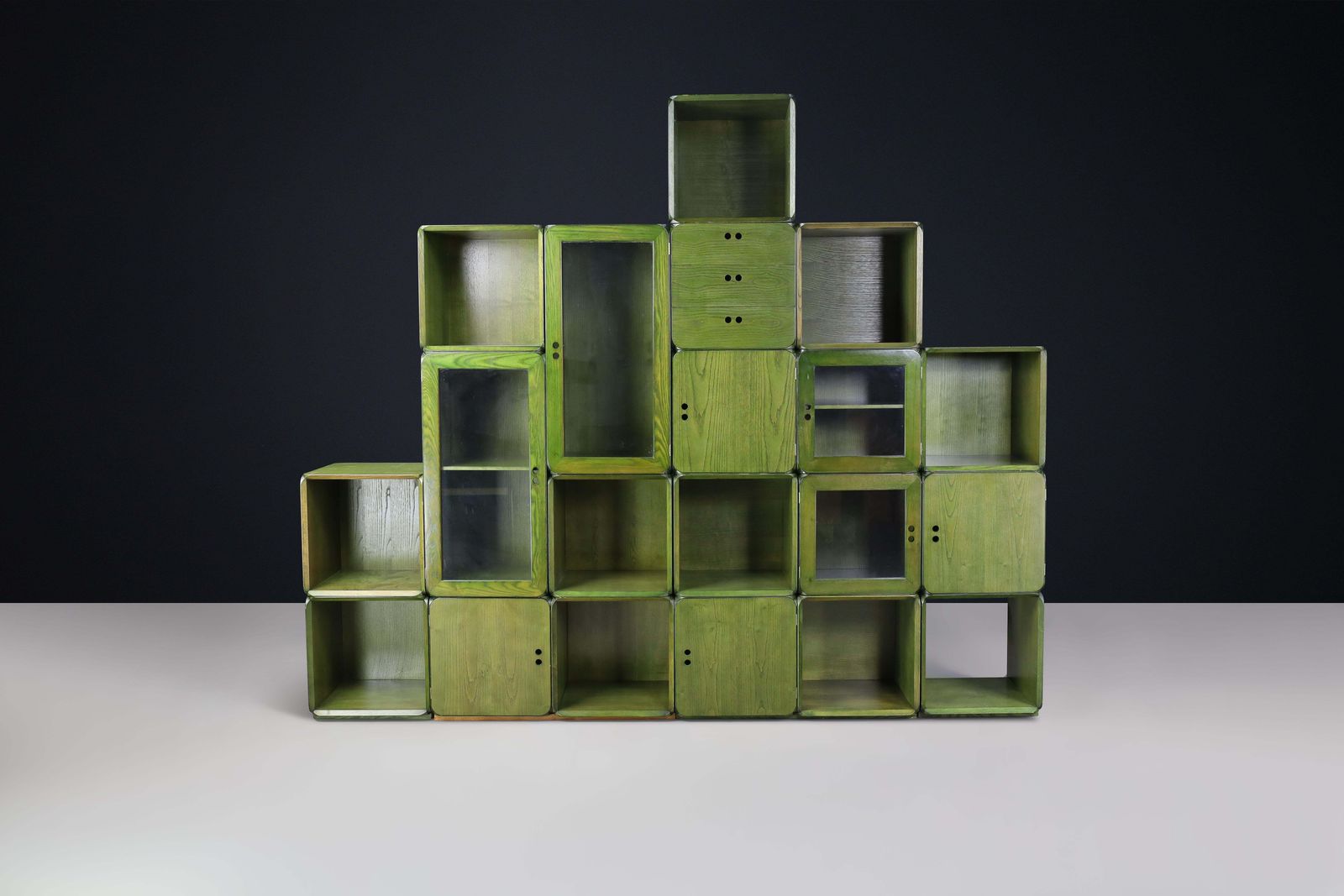 photo for sale Derk Jan De Vries For Maisa Di Seveso, Natural Green Modular Cabinet Bookcase.