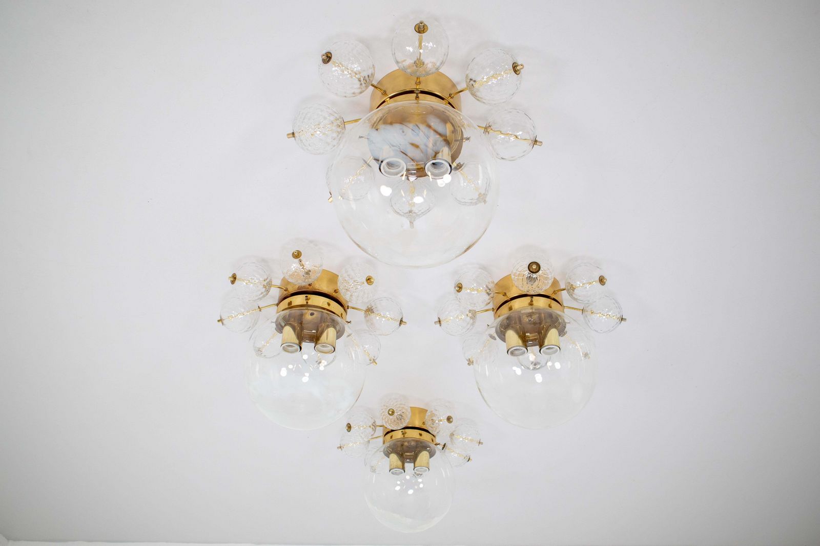 Large Midcentury Brass Ceiling Lamp Chandelier With Handblown Art Glass , 1960s photo furniture