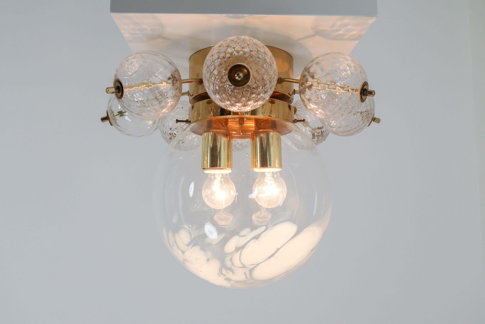 Large Midcentury Brass Ceiling Lamp Chandelier With Handblown Art Glass , 1960s photo Lighting