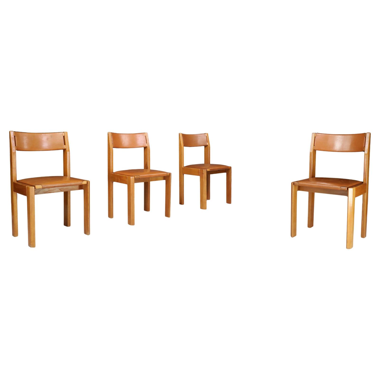 Set Of Four Luigi Gorgoni Dining Chairs In Elm And Leather For Roche Bobois.