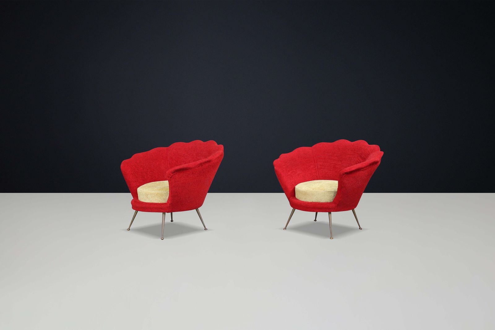 Mid Century Flower Shaped Lounge Chairs, Fabric Upholstery, Brass, Italy, 1950s photo buy