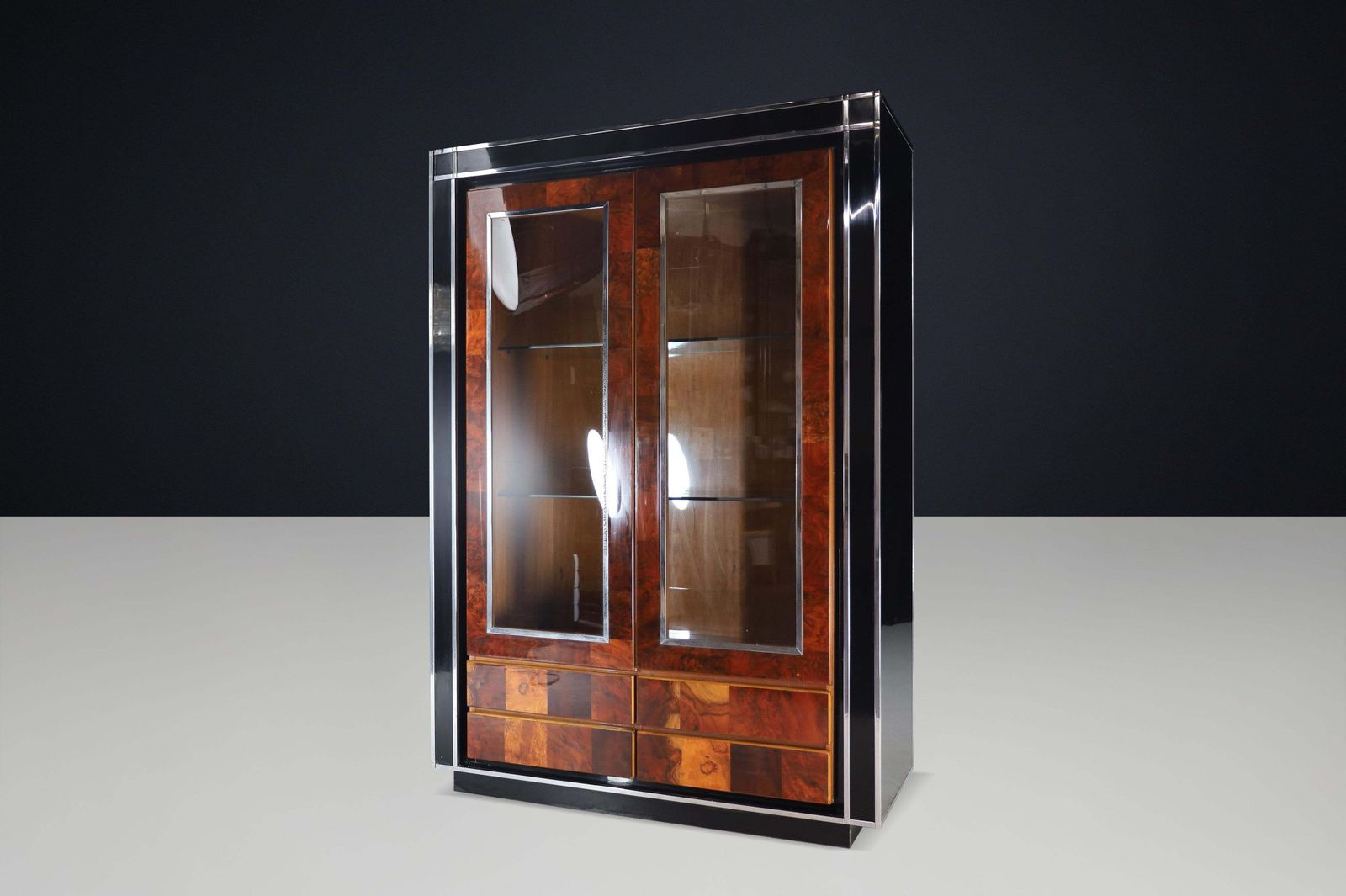 Willy Rizzo Sequoia Burl And Black Lacquer Display Cabinet With Glass Doors 1970 photo vinterior