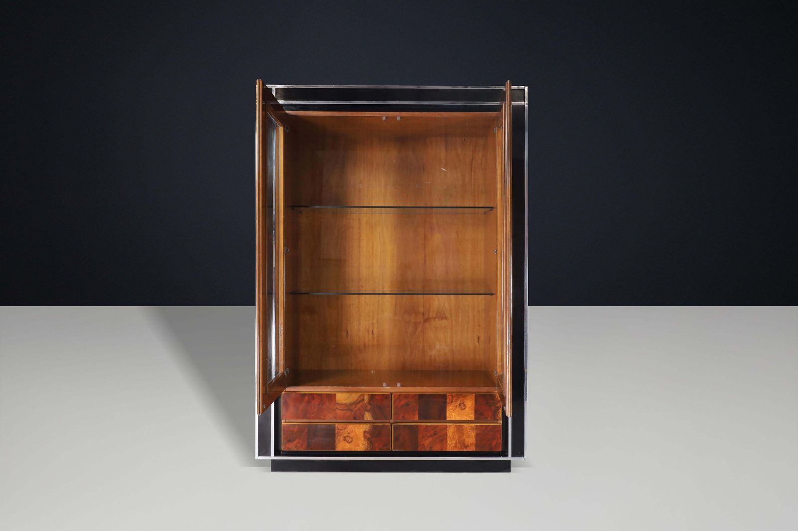 Willy Rizzo Sequoia Burl And Black Lacquer Display Cabinet With Glass Doors 1970 photo buy