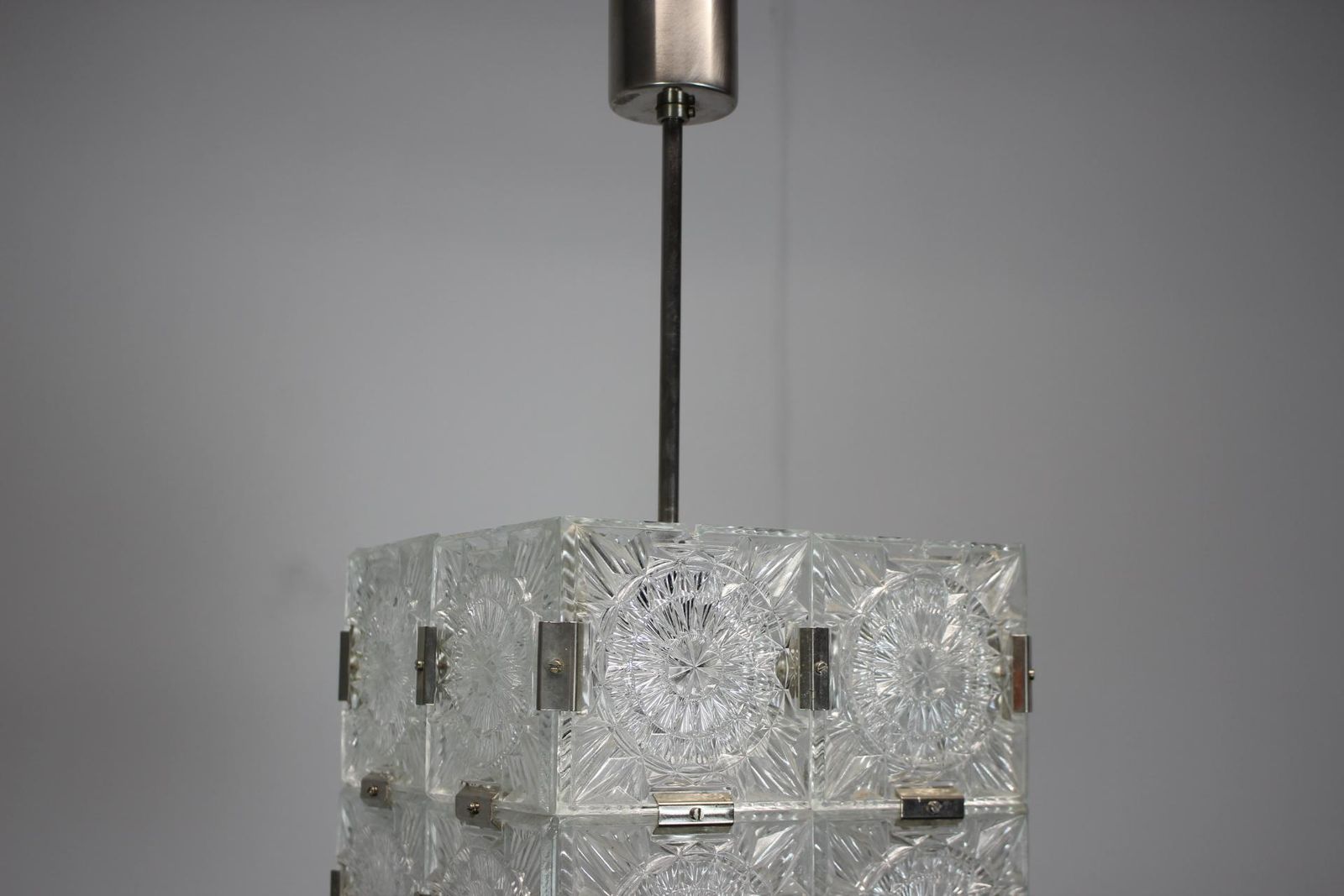Mid Century Square Clear Glass Pendant By Kamenicky šenov, 1960s, Czechoslovakia photo for sale