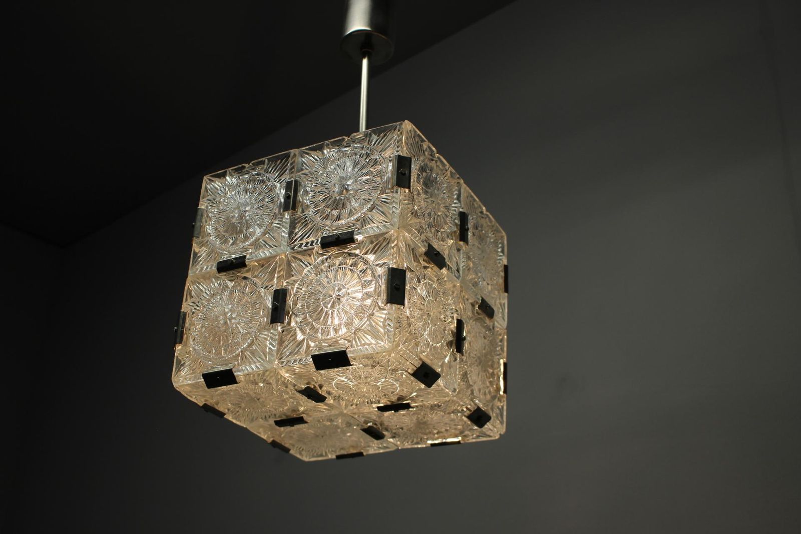 photo for sale Mid Century Square Clear Glass Pendant By Kamenicky šenov, 1960s, Czechoslovakia