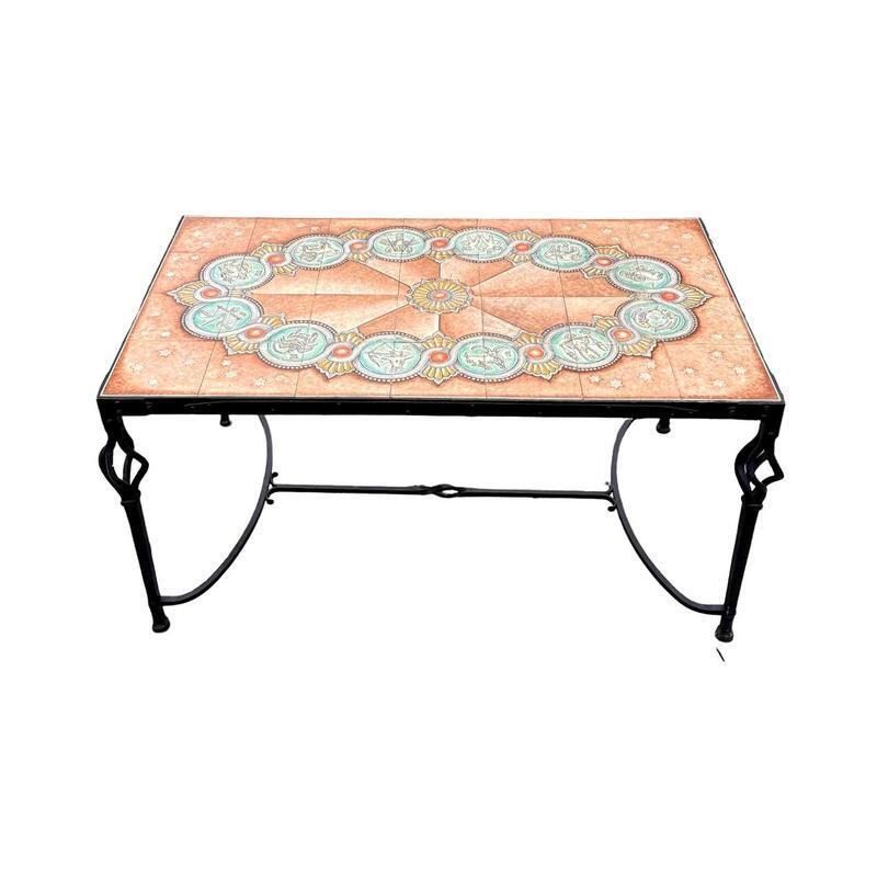 Furniture Italian Coffee Table In Wrought Iron With Hand Painted Ceramic Tiles, 1954 photo