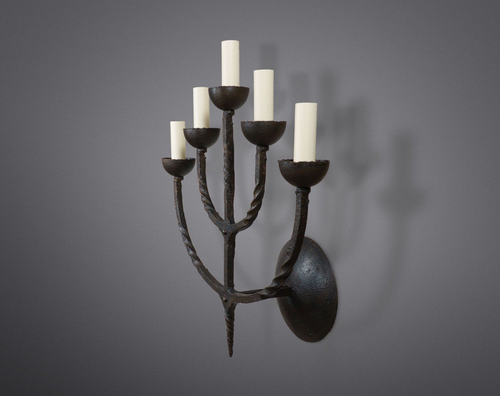 Pair Of Xl Vintage 1950s French Brutalist 5 Arm Wrought Iron Wall Lamps / Sconces photo for sale
