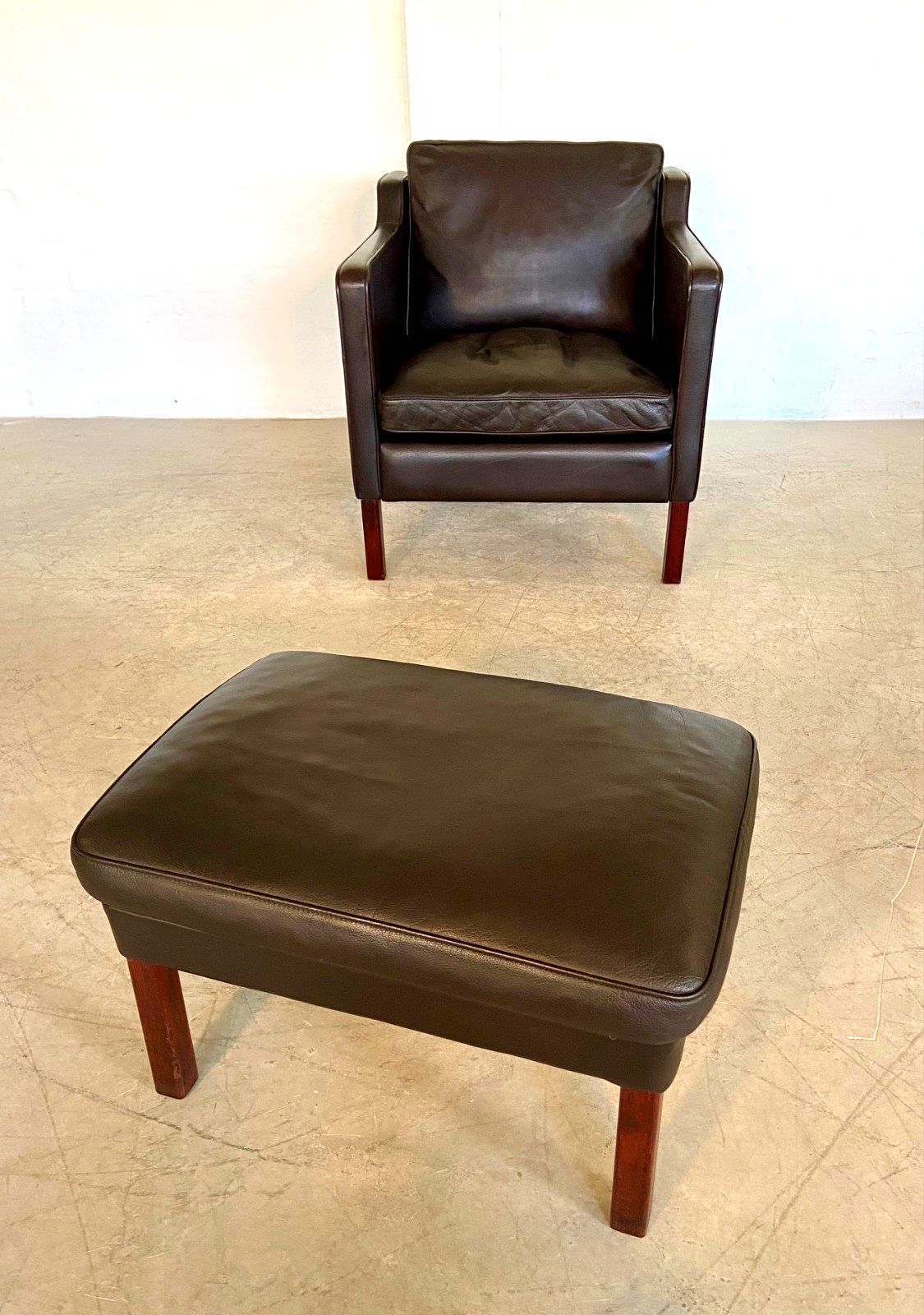 Mid Century Stouby Leather Lounge Chair  And Stool In Brown Leather