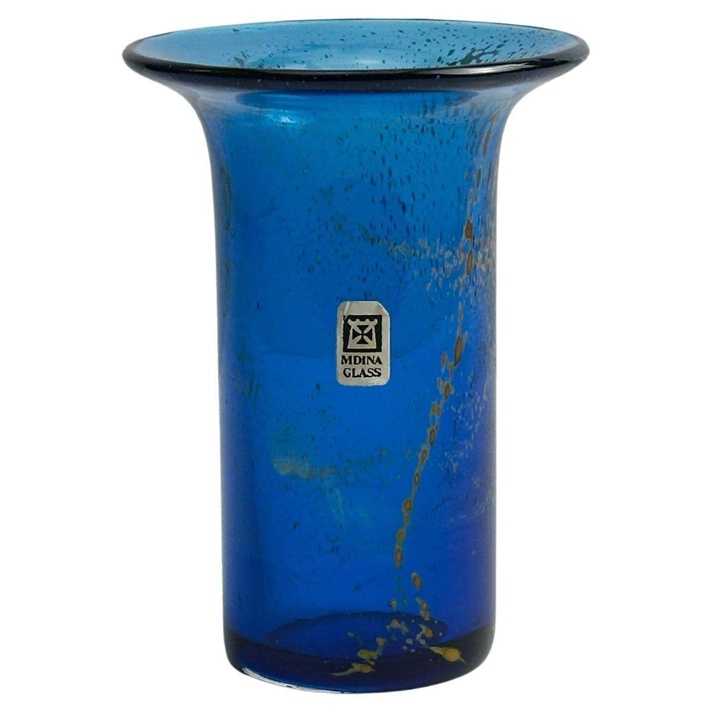 Mdina Glass Spill Vase In Blue And Yellow, Malta, 1970s
